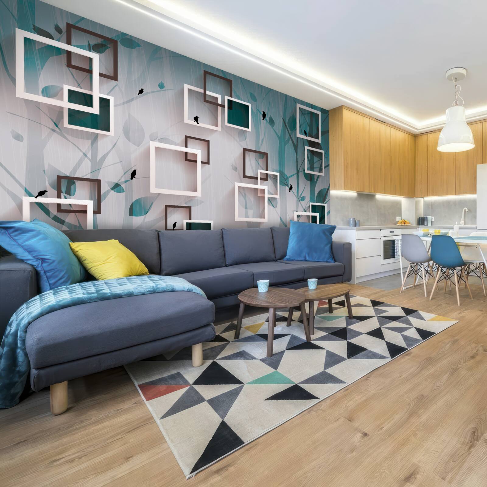 Papier peint carrés blancs sur fond de paysage