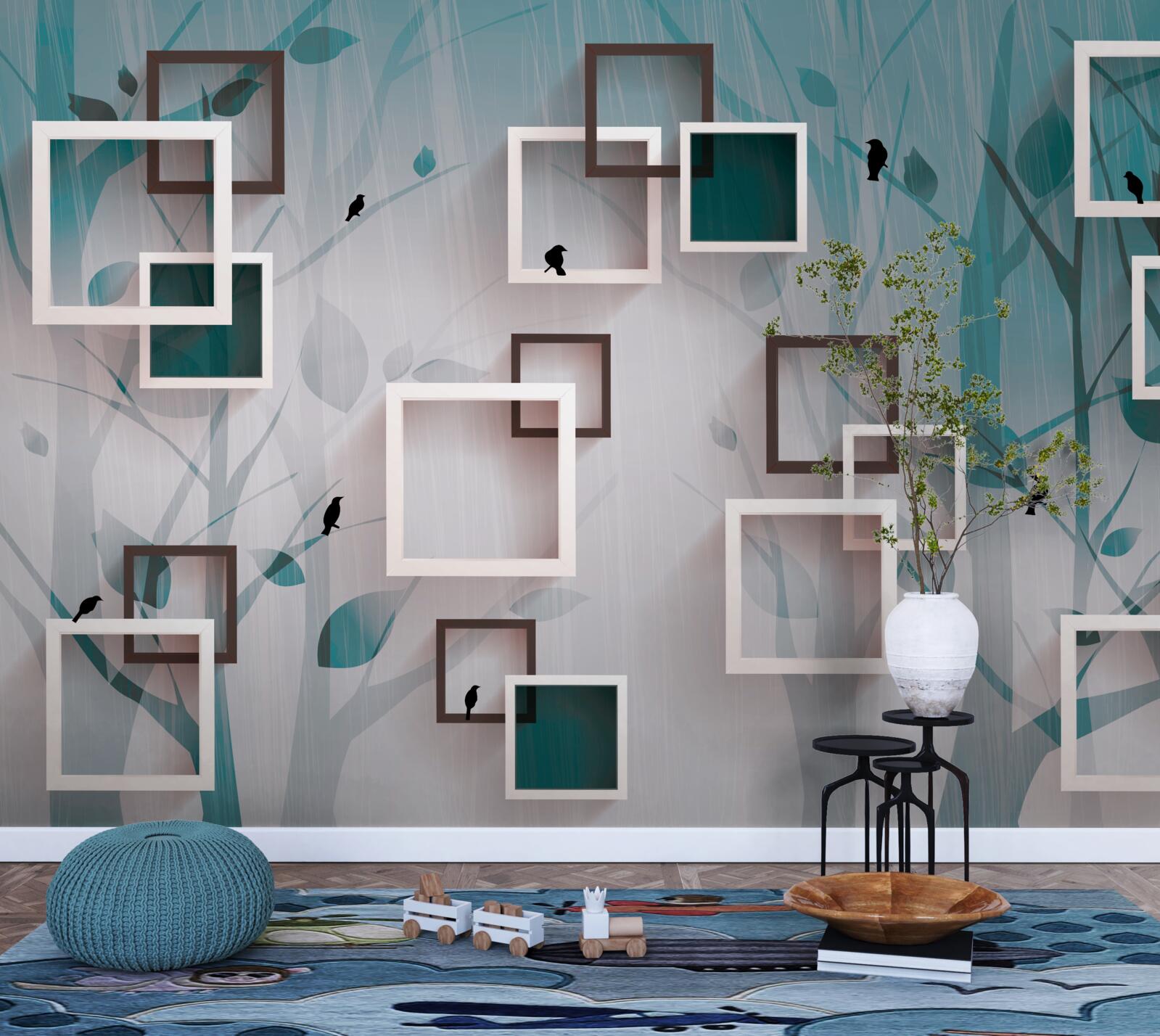 Papier peint carrés blancs sur fond de paysage