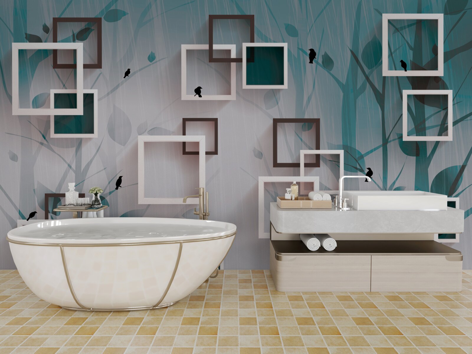 Papier peint carrés blancs sur fond de paysage