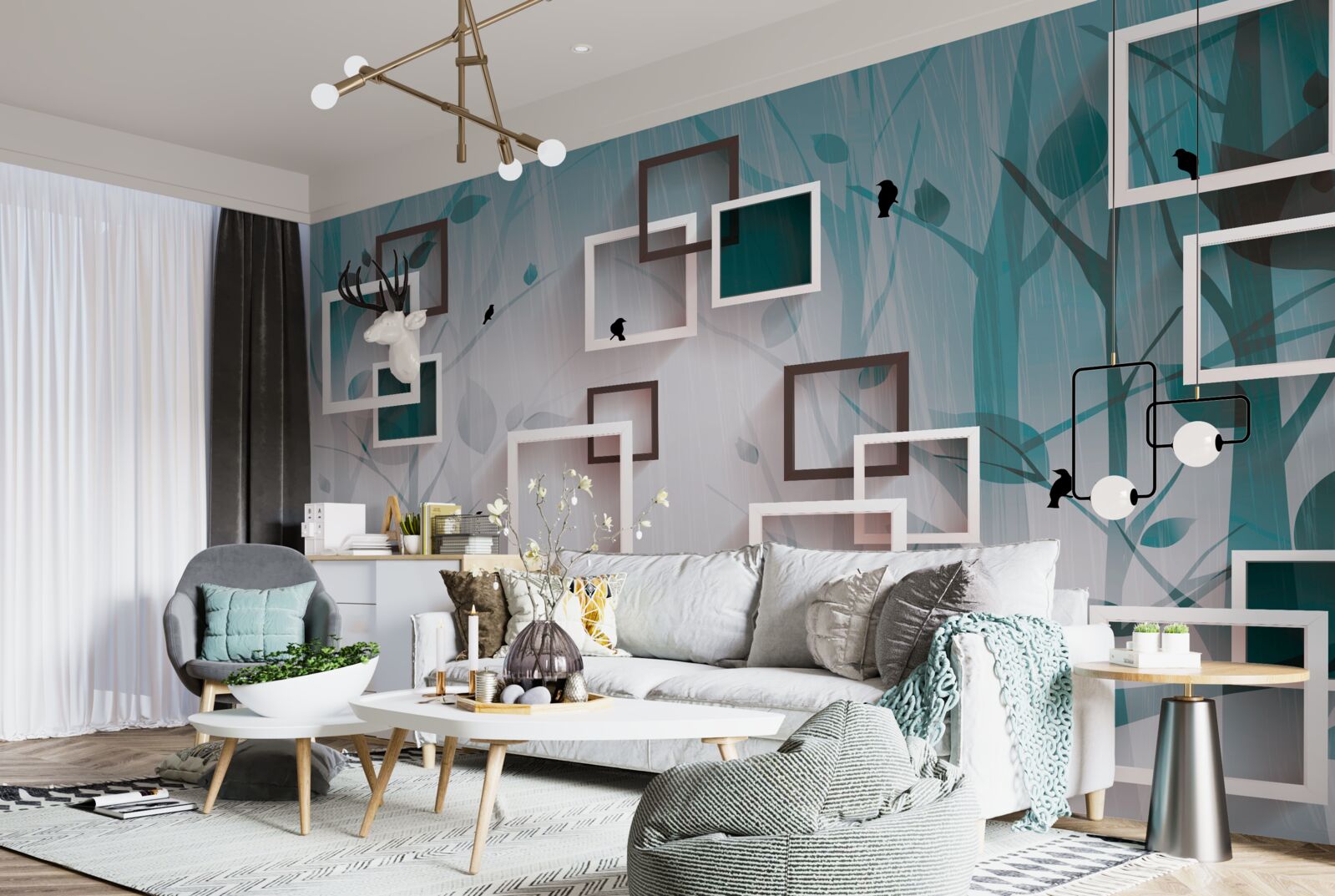 Papier peint carrés blancs sur fond de paysage