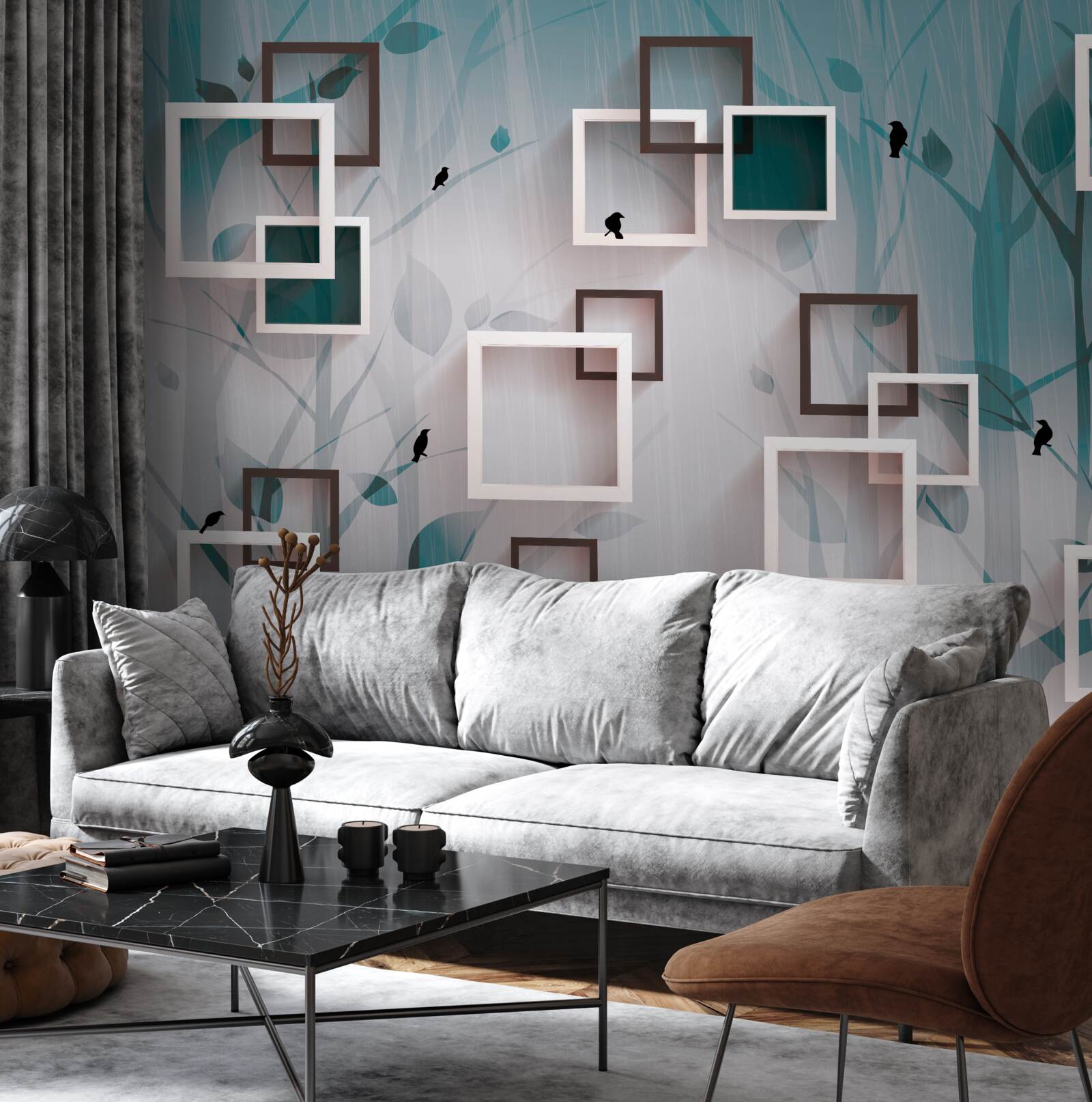 Papier peint carrés blancs sur fond de paysage