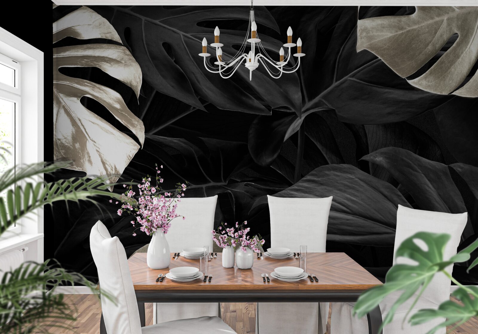 Papier peint Feuilles de monstera blanc neige sur fond noir