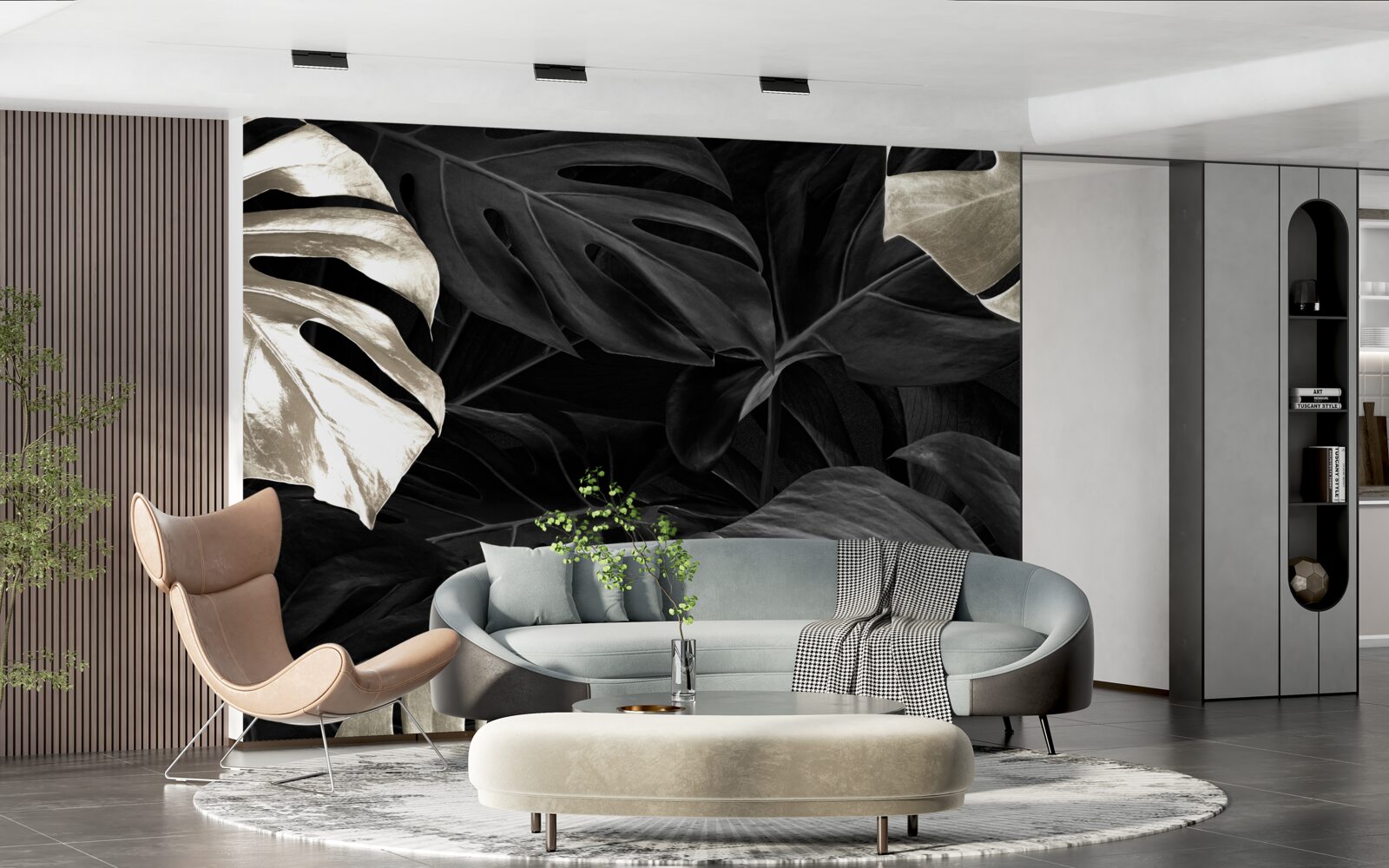 Papier peint Feuilles de monstera blanc neige sur fond noir