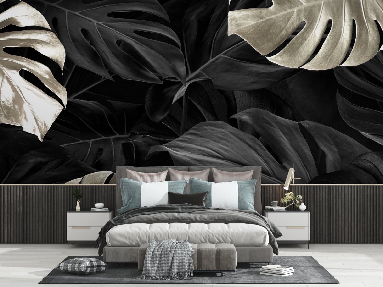 Papier peint Feuilles de monstera blanc neige sur fond noir