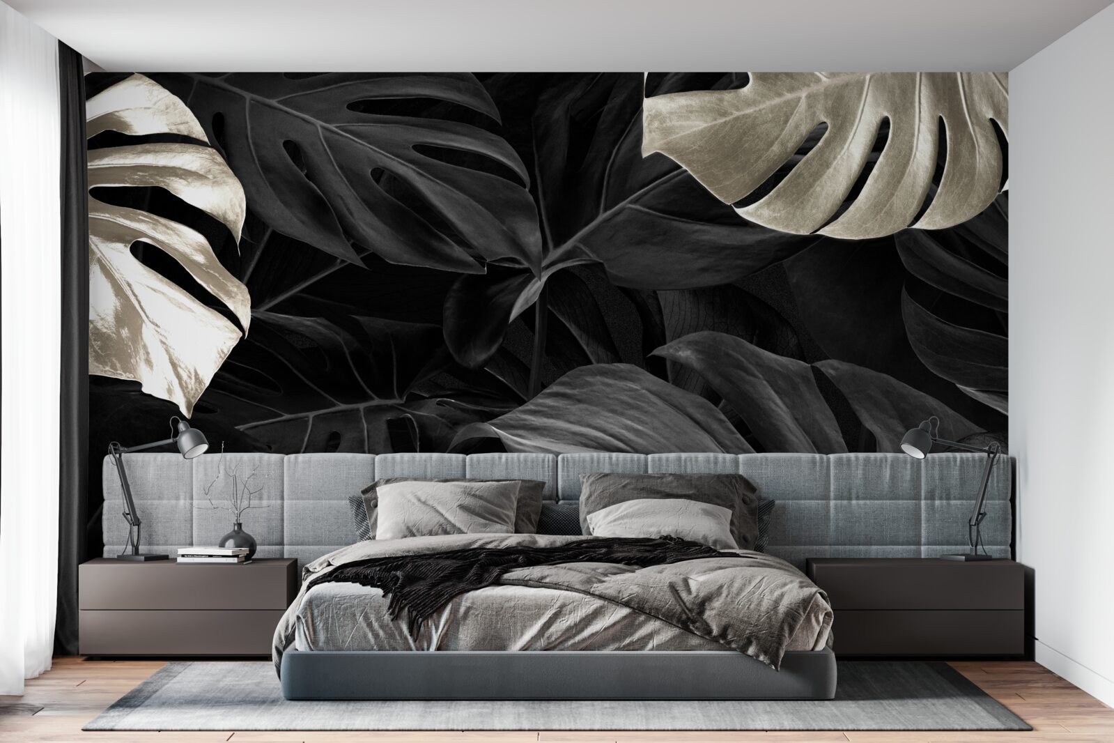 Papier peint Feuilles de monstera blanc neige sur fond noir