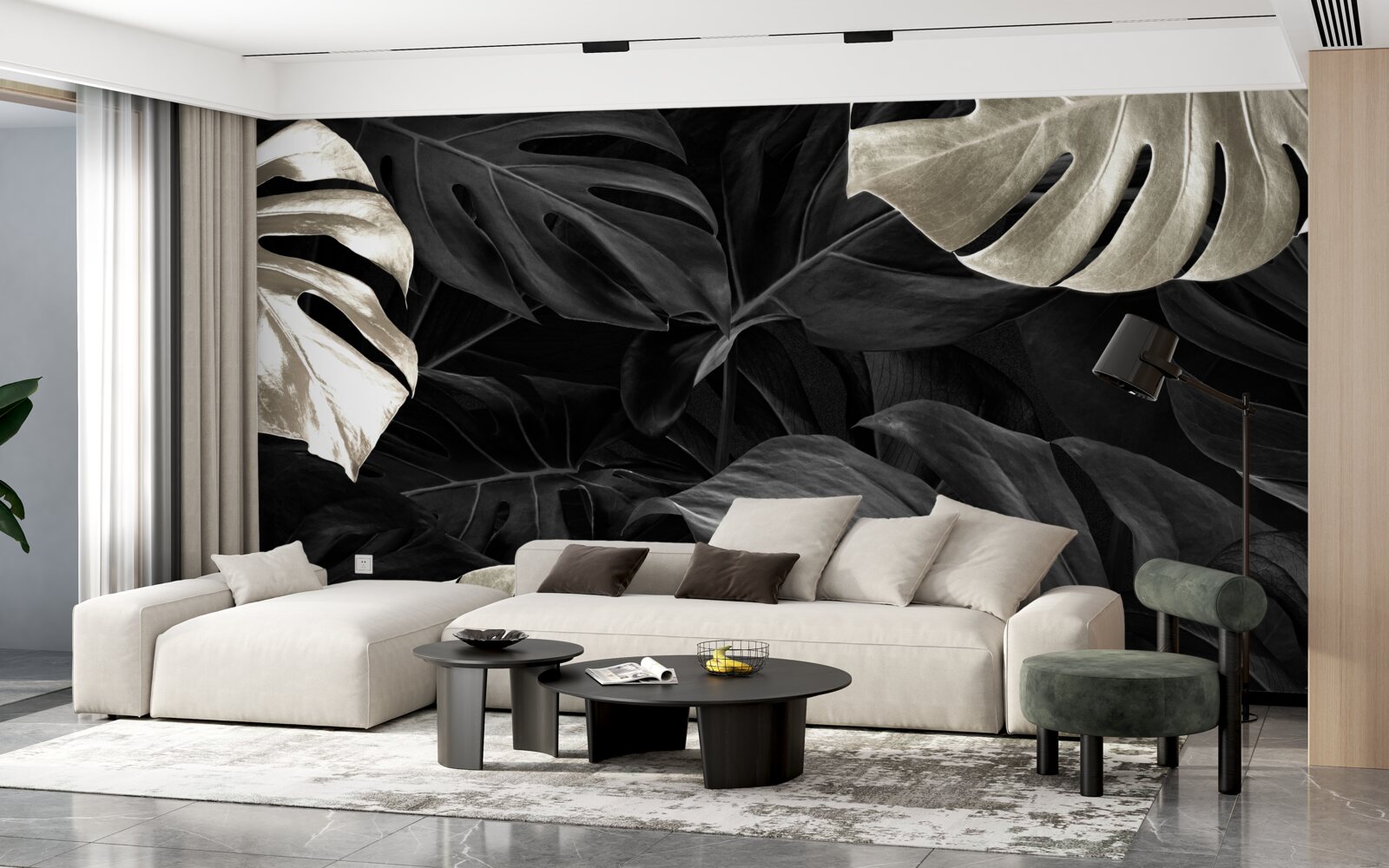 Papier peint Feuilles de monstera blanc neige sur fond noir