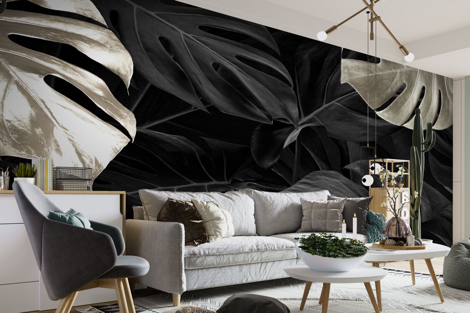 Papier peint Feuilles de monstera blanc neige sur fond noir