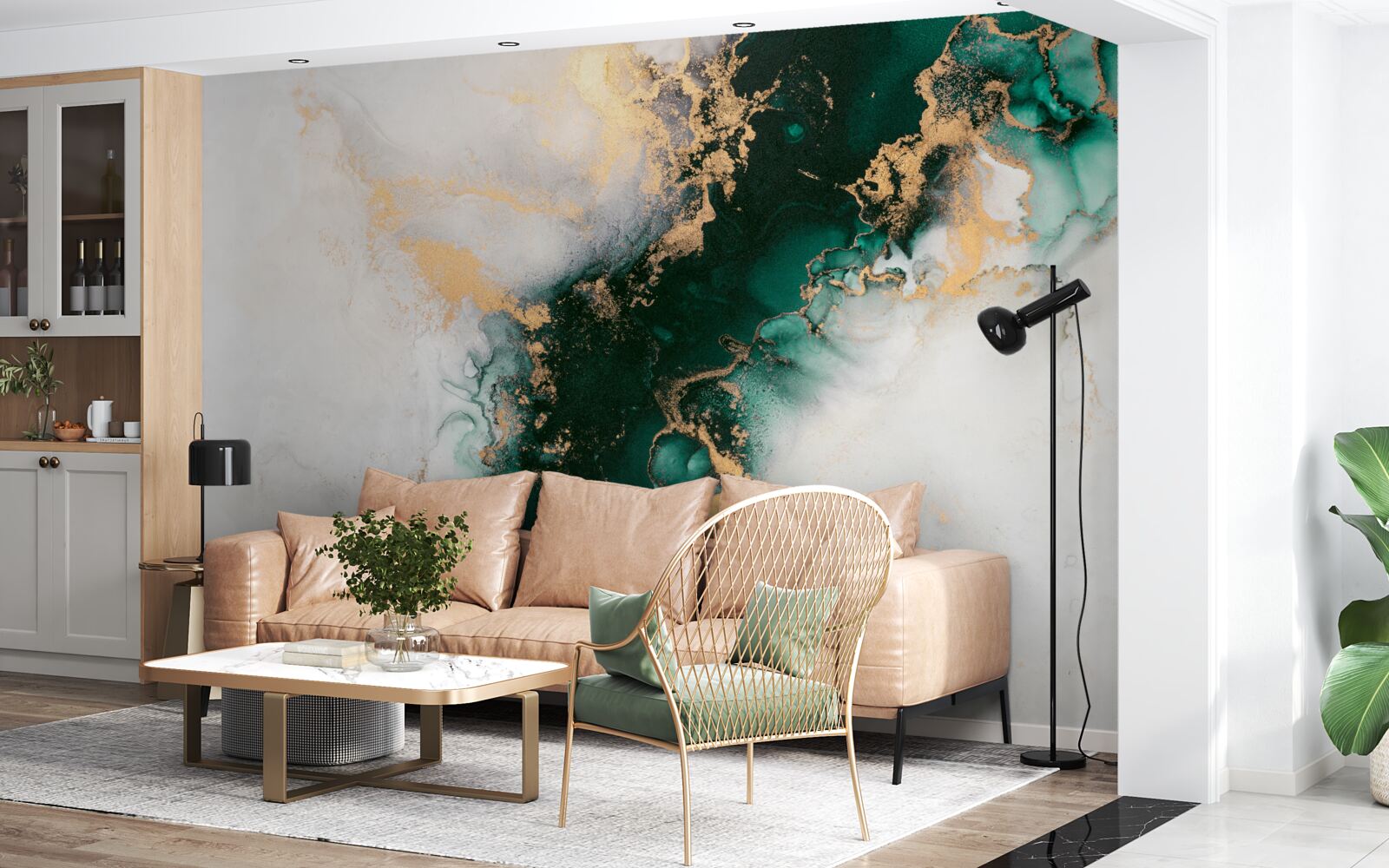 Papier peint marbre blanc avec des nuances de couleur émeraude