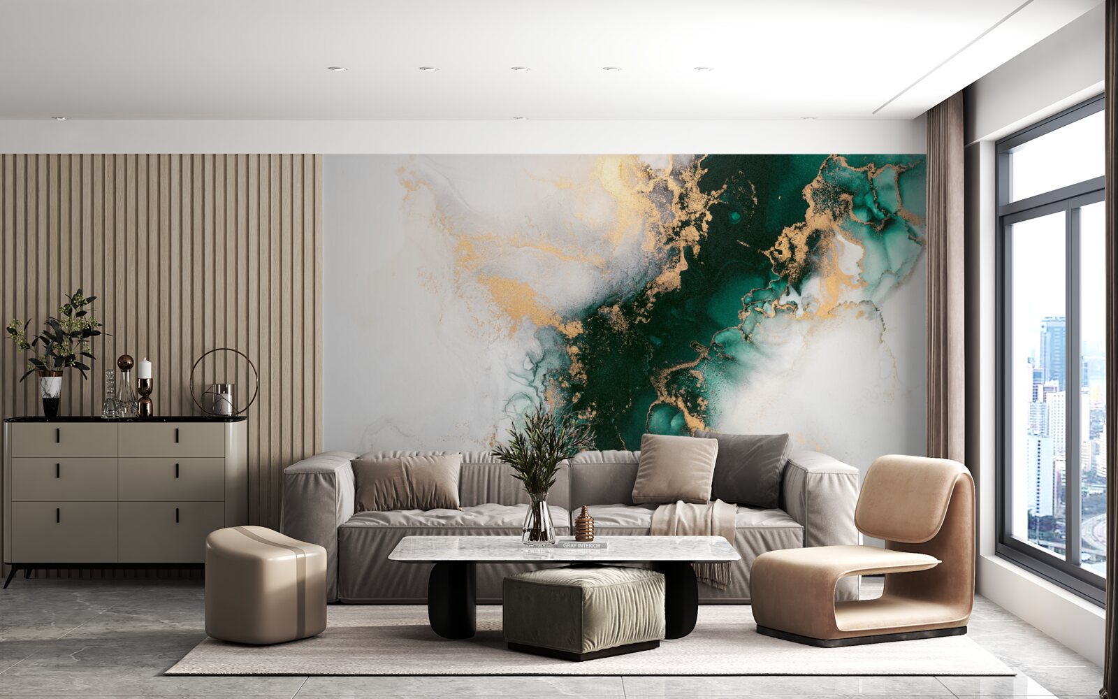 Papier peint marbre blanc avec des nuances de couleur émeraude