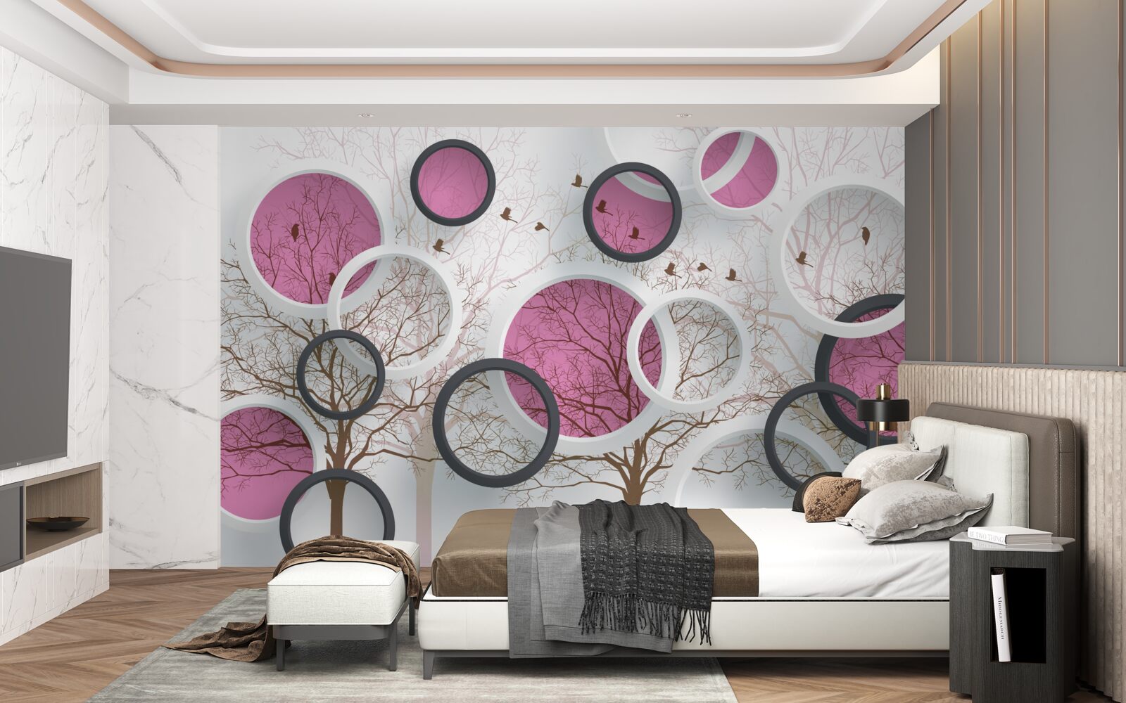 Papier peint cercles et arbres aléatoires