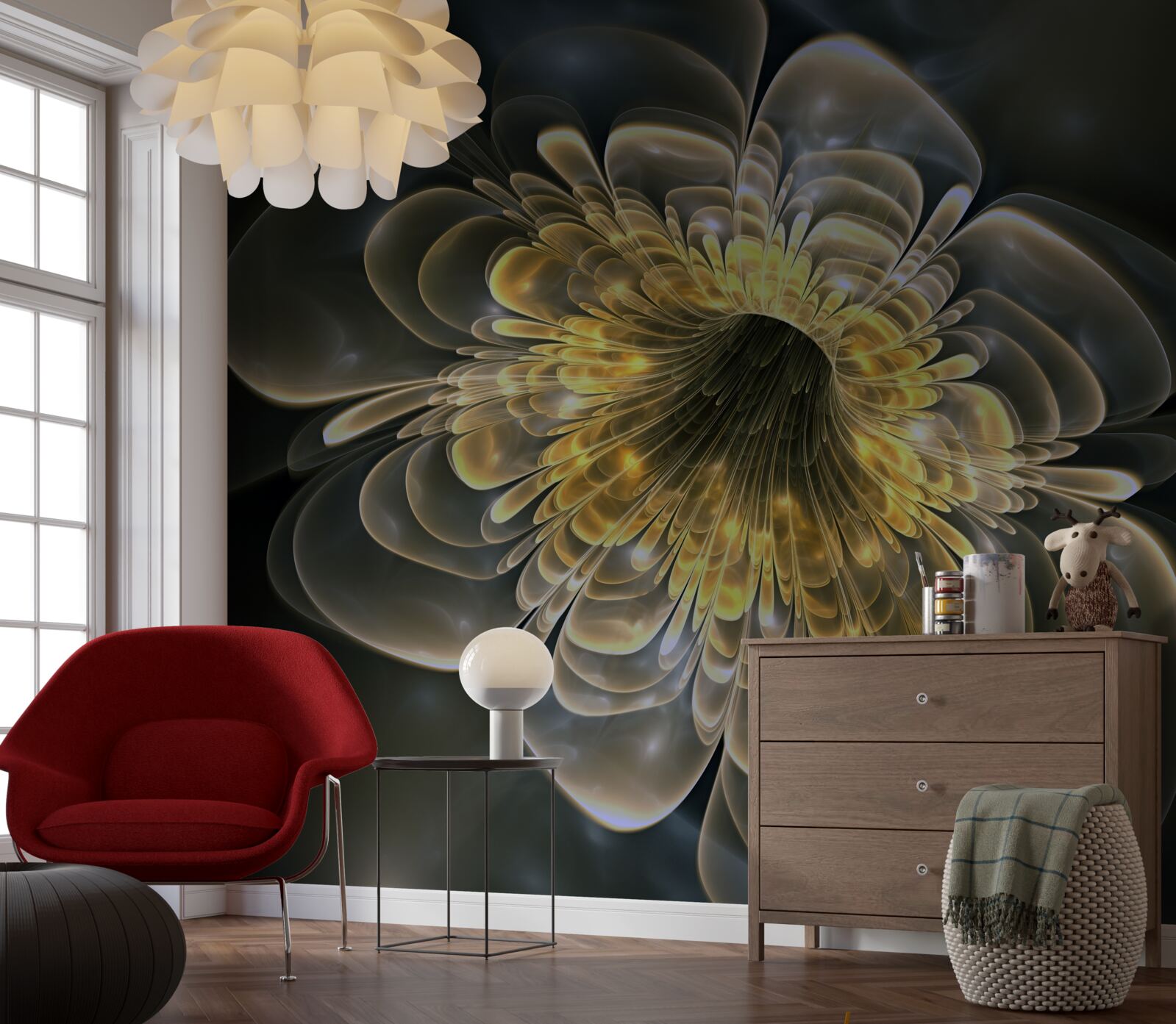 Papier peint Fleur jaune avec une forme abstraite