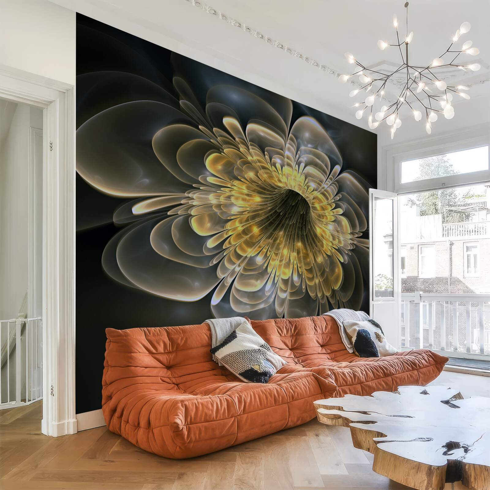 Papier peint Fleur jaune avec une forme abstraite