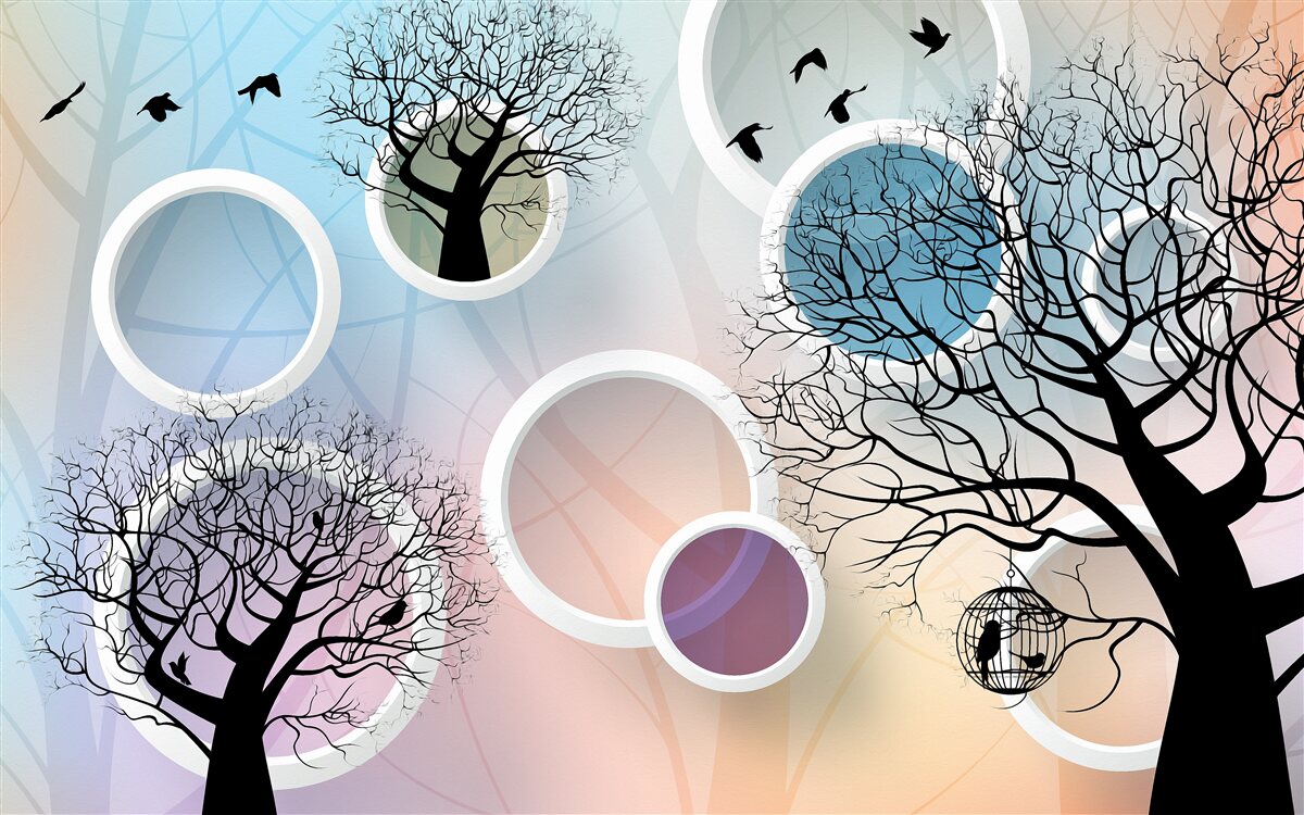 Papier peint grandes peintures représentant des arbres multicolores et des cercles blancs