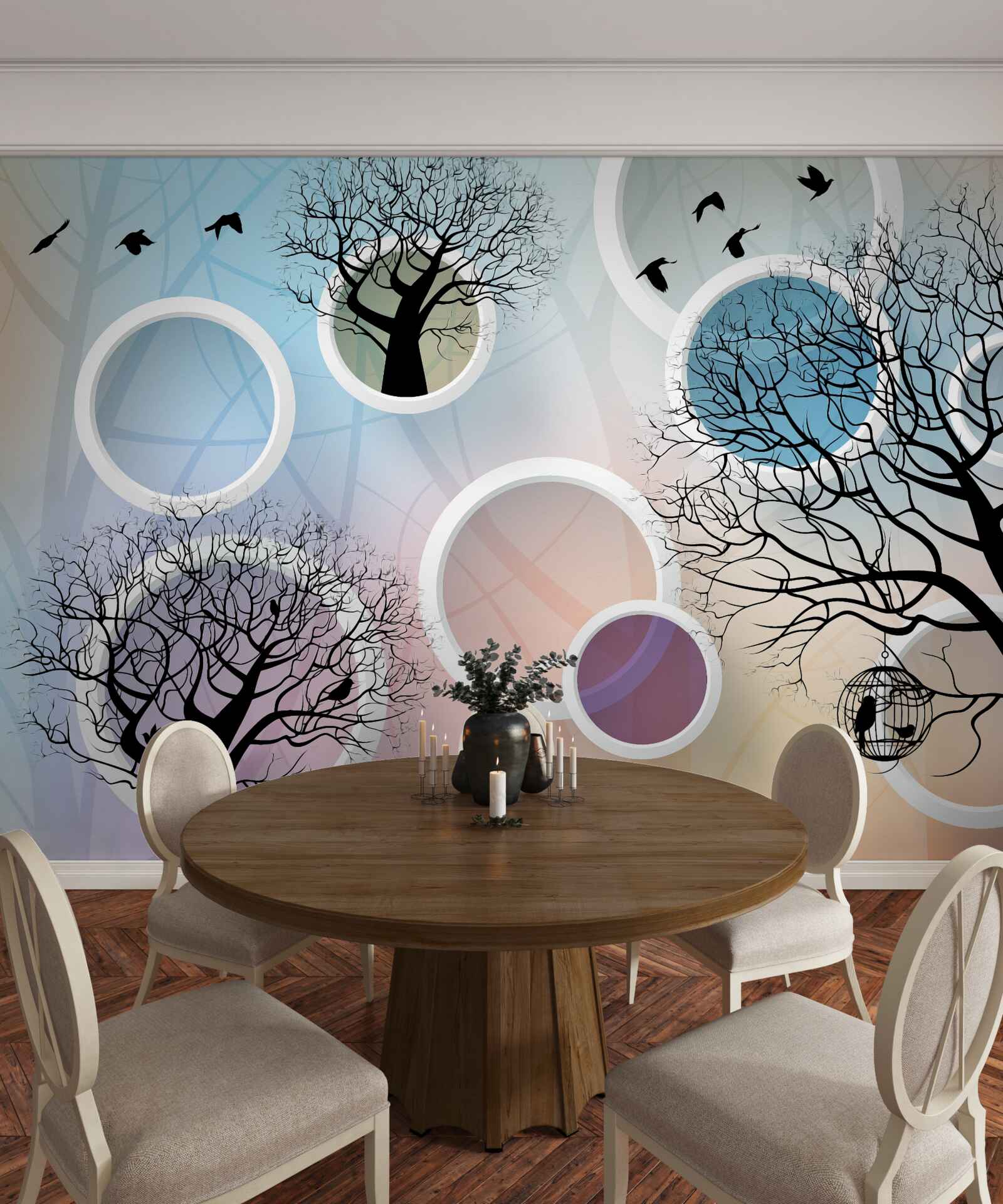 Papier peint grandes peintures représentant des arbres multicolores et des cercles blancs