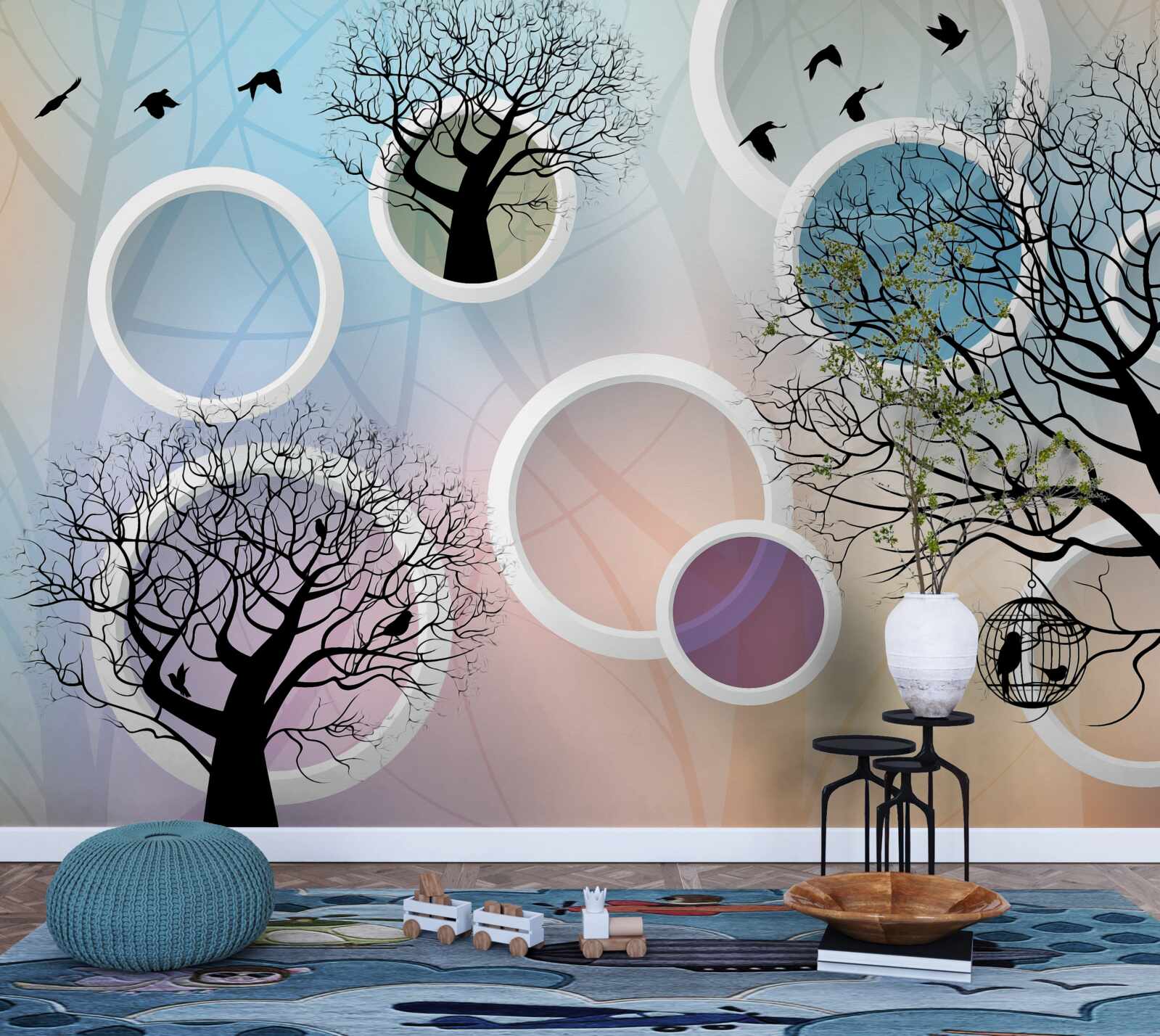 Papier peint grandes peintures représentant des arbres multicolores et des cercles blancs