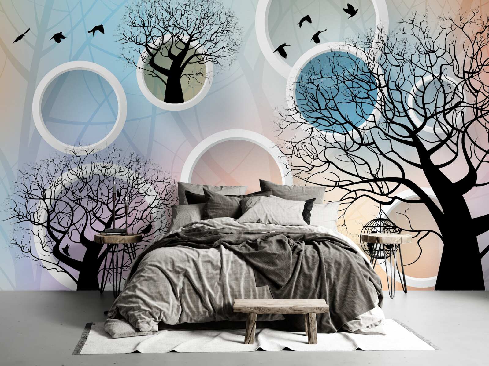 Papier peint grandes peintures représentant des arbres multicolores et des cercles blancs