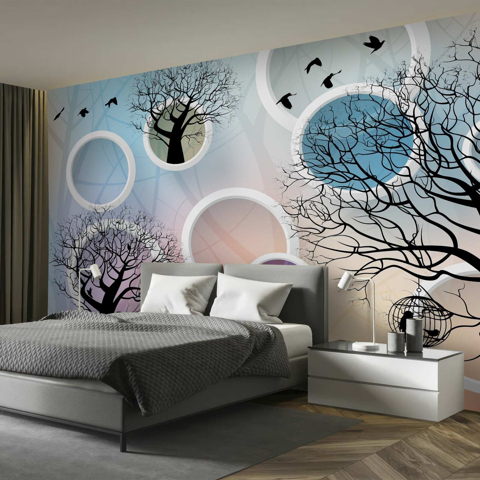 Papier peint grandes peintures représentant des arbres multicolores et des cercles blancs