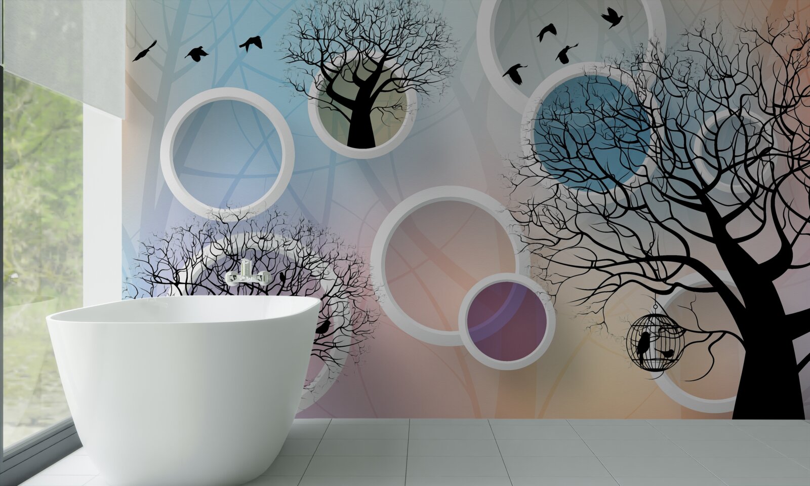 Papier peint grandes peintures représentant des arbres multicolores et des cercles blancs