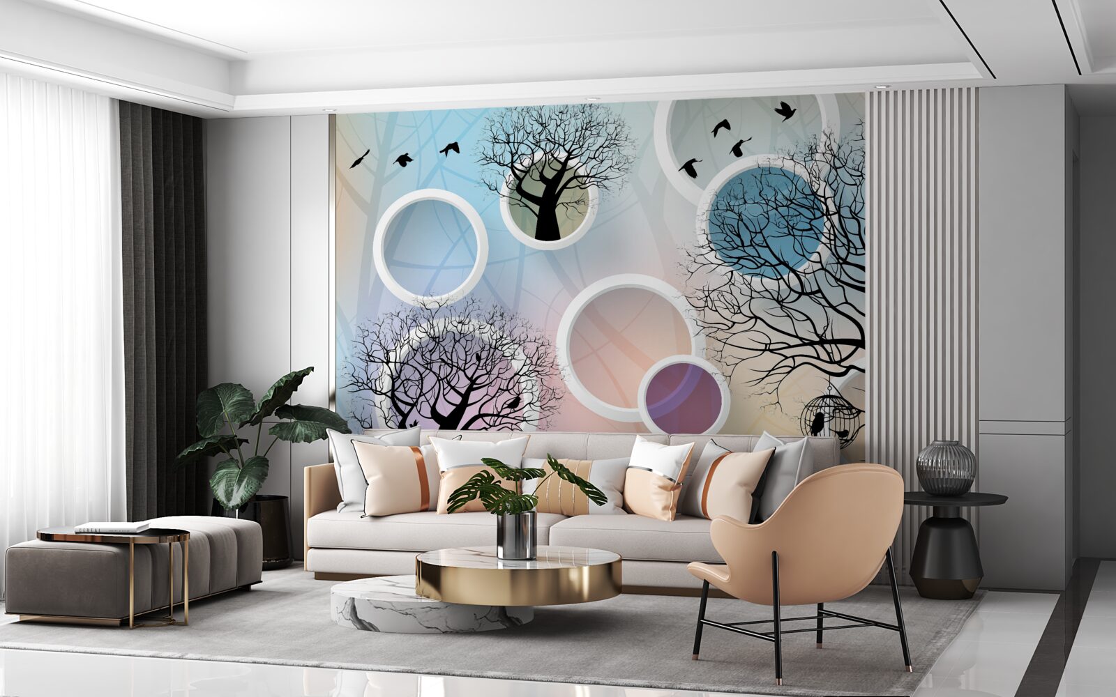 Papier peint grandes peintures représentant des arbres multicolores et des cercles blancs