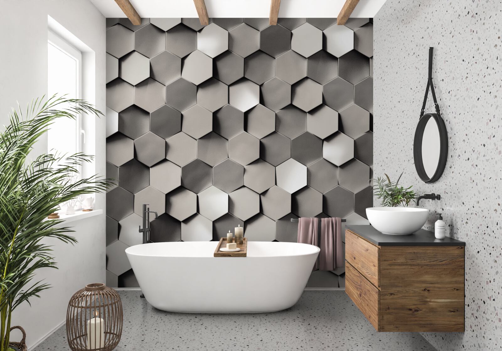 Papier peint pentagones gris 3d