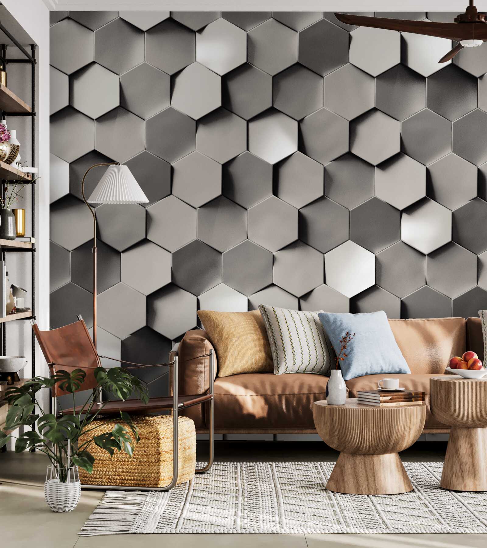 Papier peint pentagones gris 3d