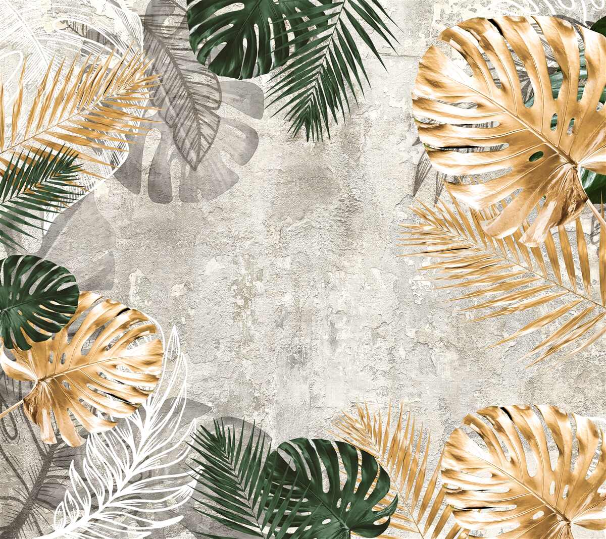 Papier peint monstera avec des feuilles dorées et vertes