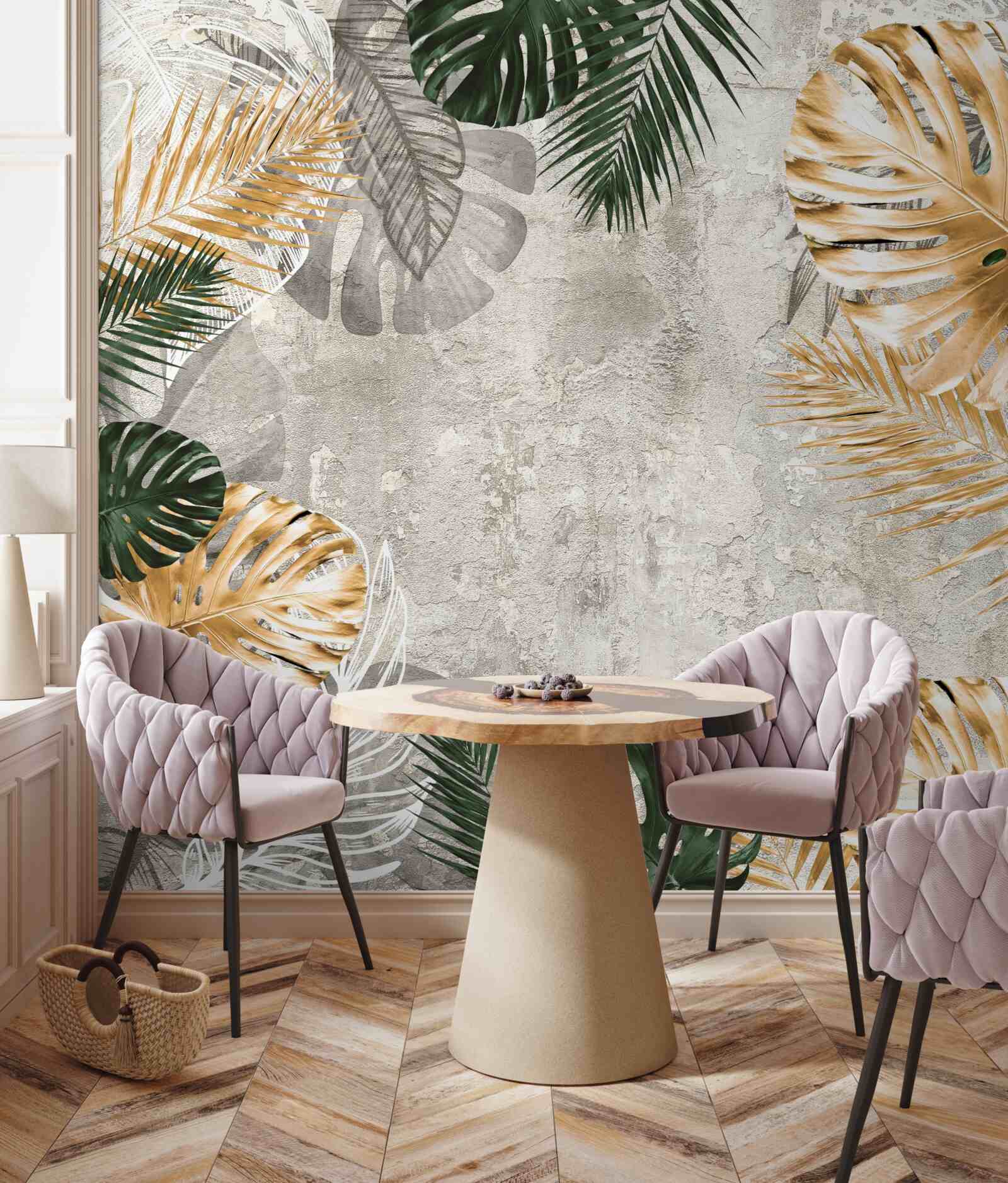 Papier peint monstera avec des feuilles dorées et vertes