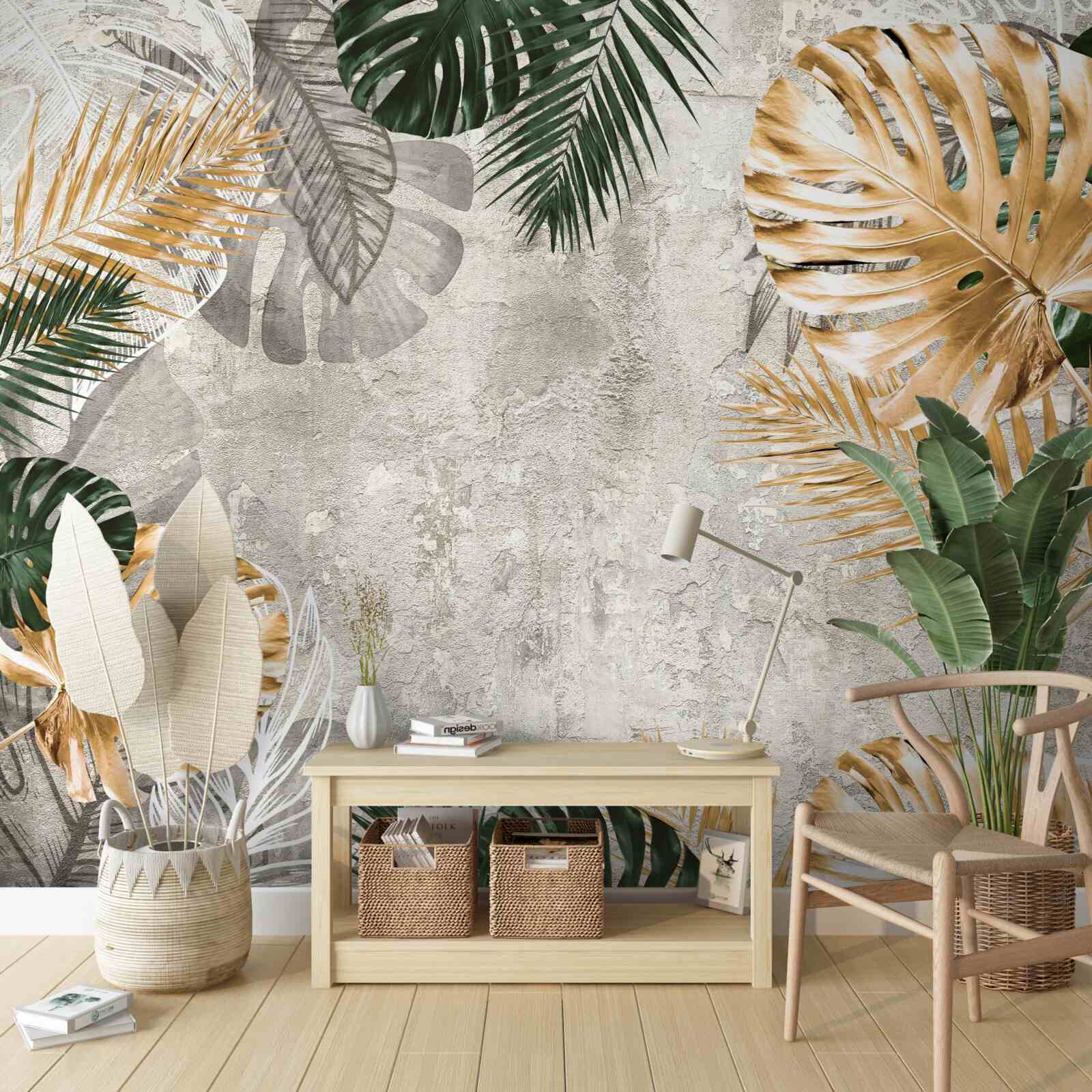 Papier peint monstera avec des feuilles dorées et vertes