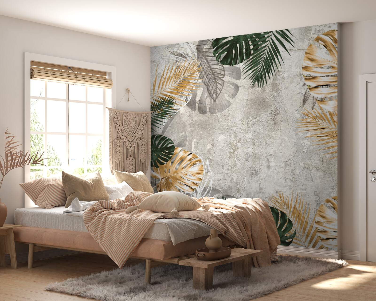 Papier peint monstera avec des feuilles dorées et vertes