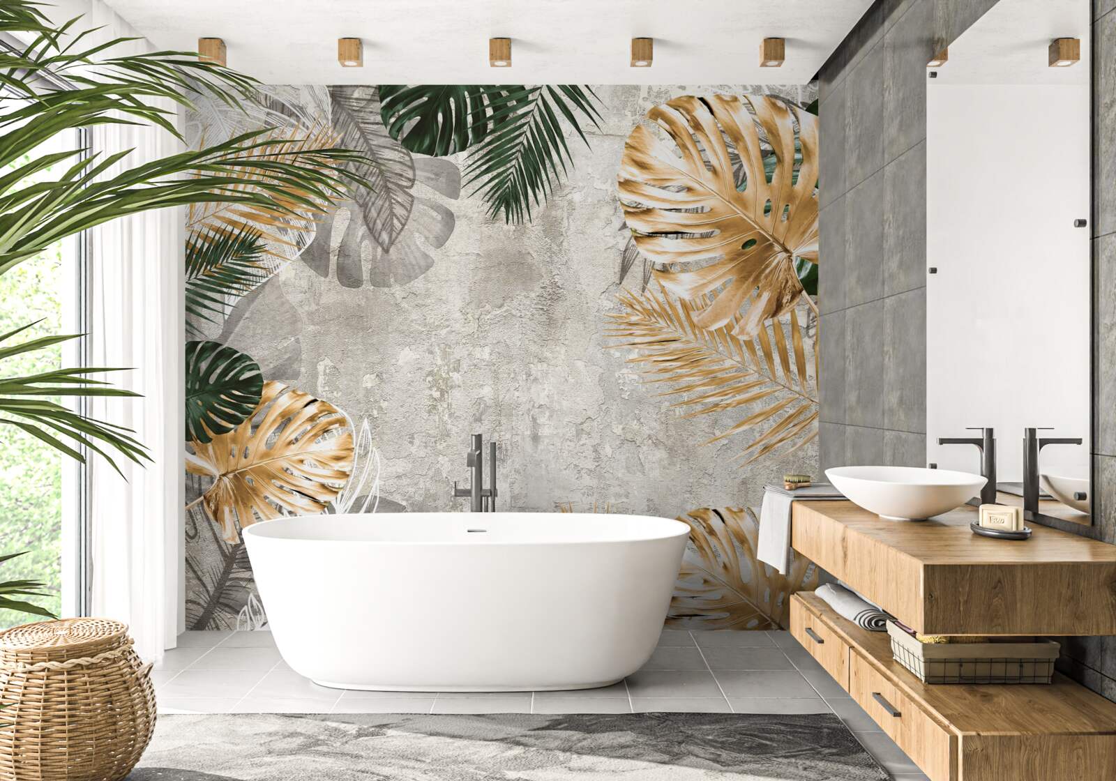 Papier peint monstera avec des feuilles dorées et vertes