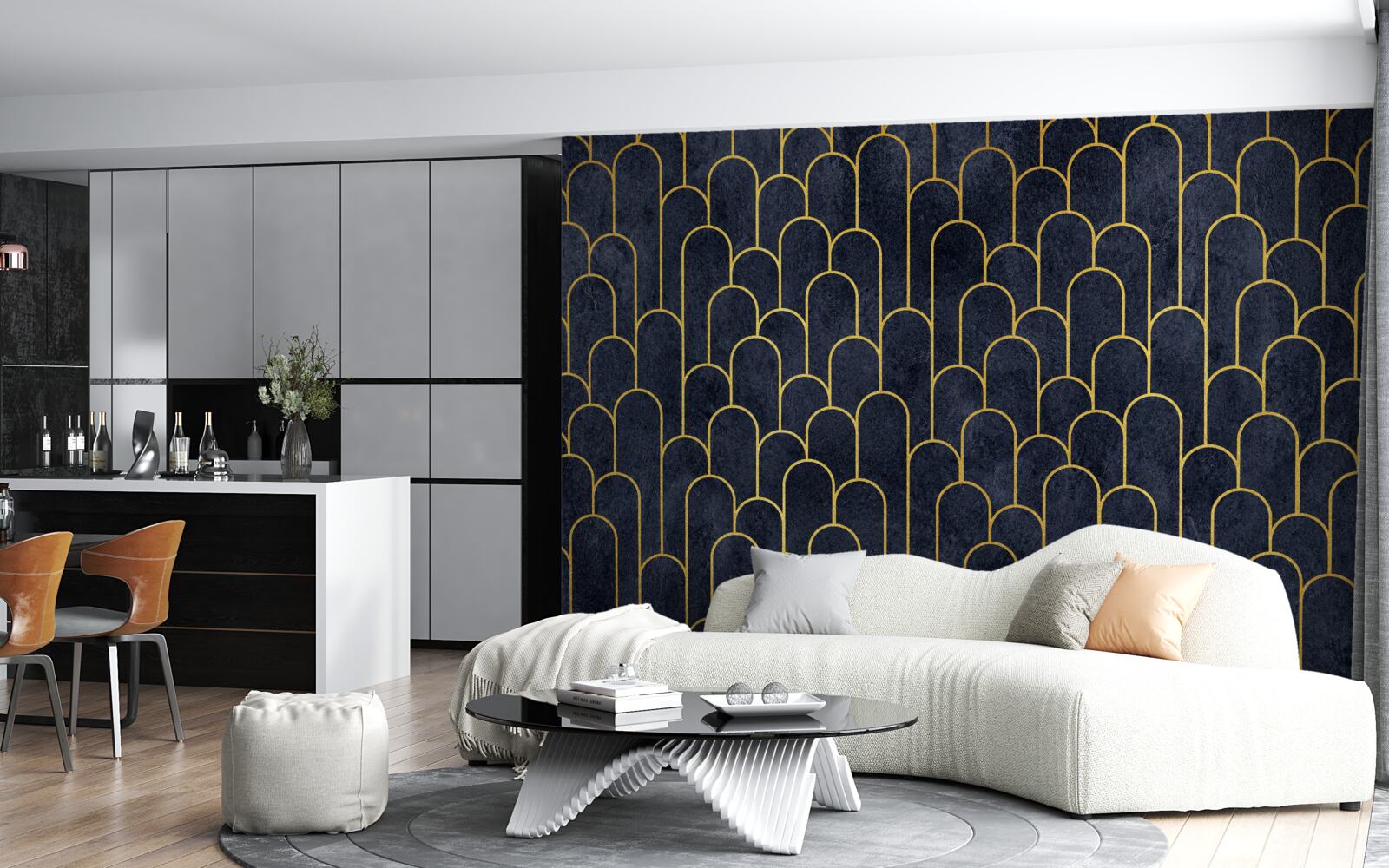 Papier peint colonnes semi-circulaires bleues en bronze