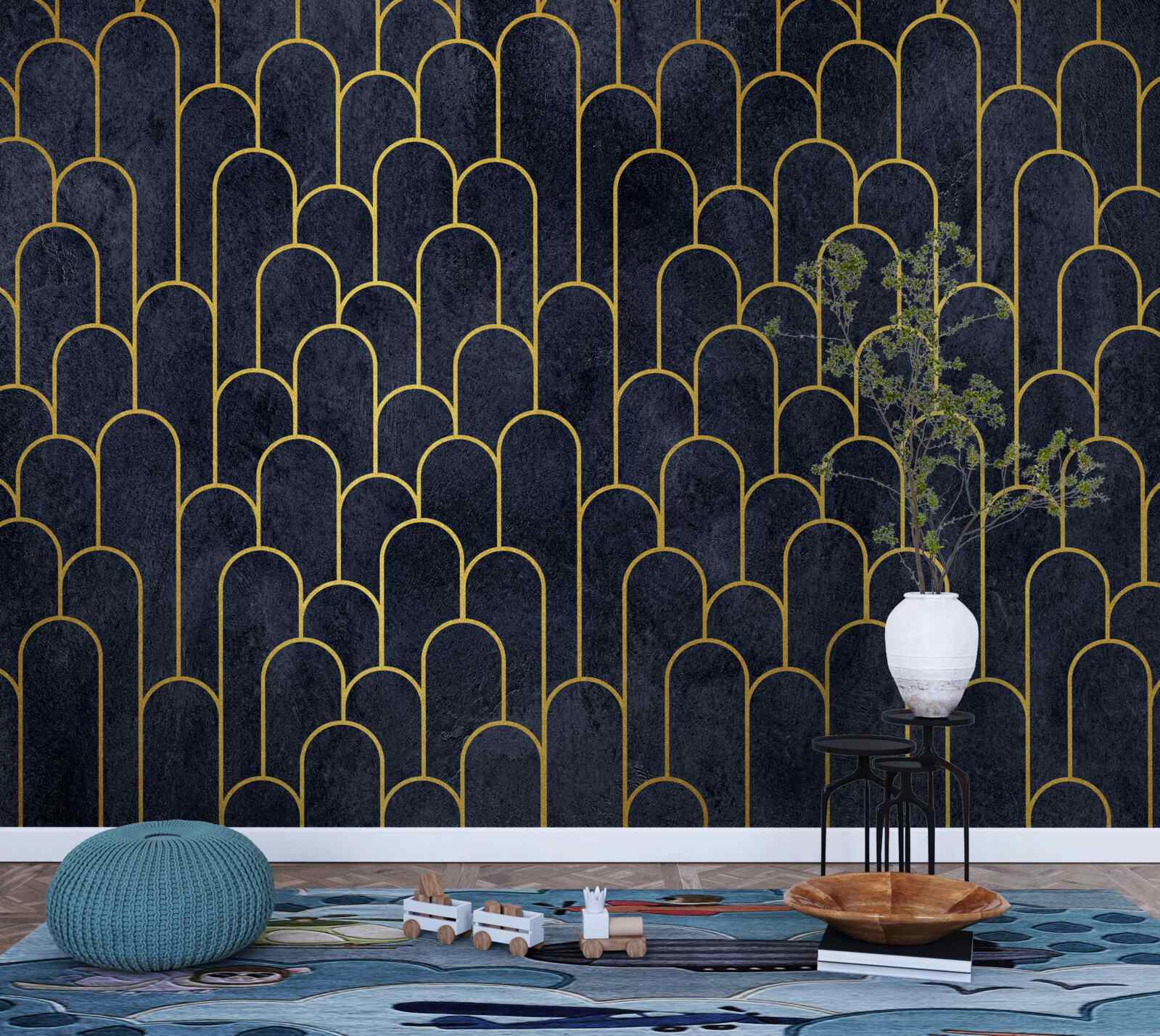 Papier peint colonnes semi-circulaires bleues en bronze