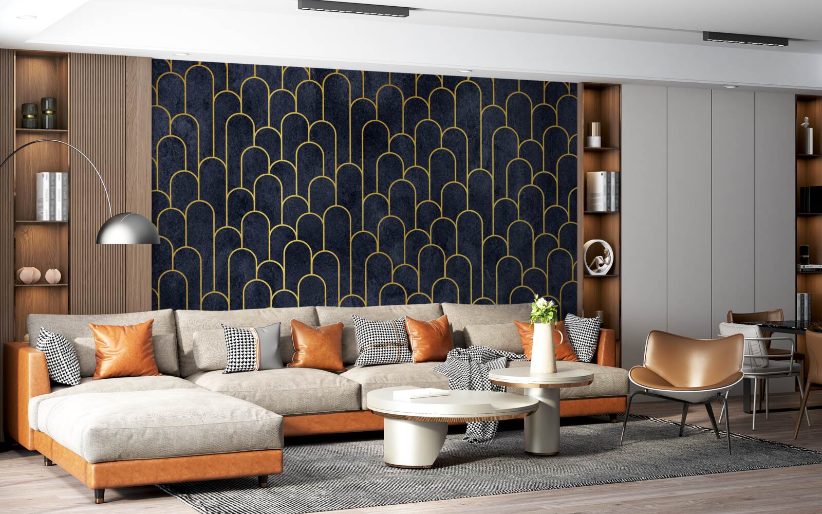 Papier peint colonnes semi-circulaires bleues en bronze