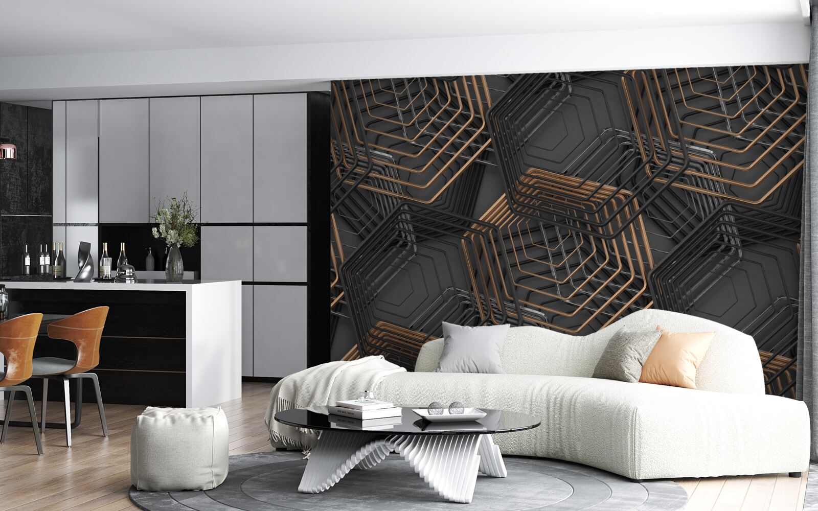 Papier peint pentagones noirs et bruns avec structure en grille