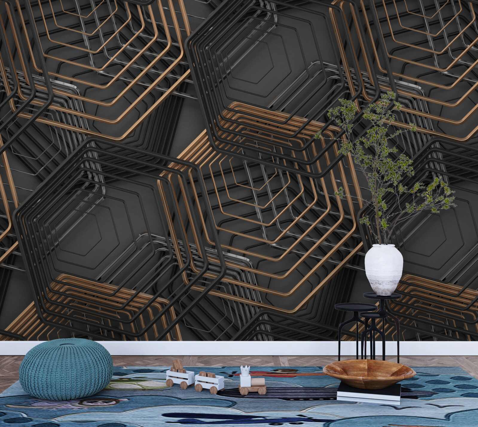 Papier peint pentagones noirs et bruns avec structure en grille