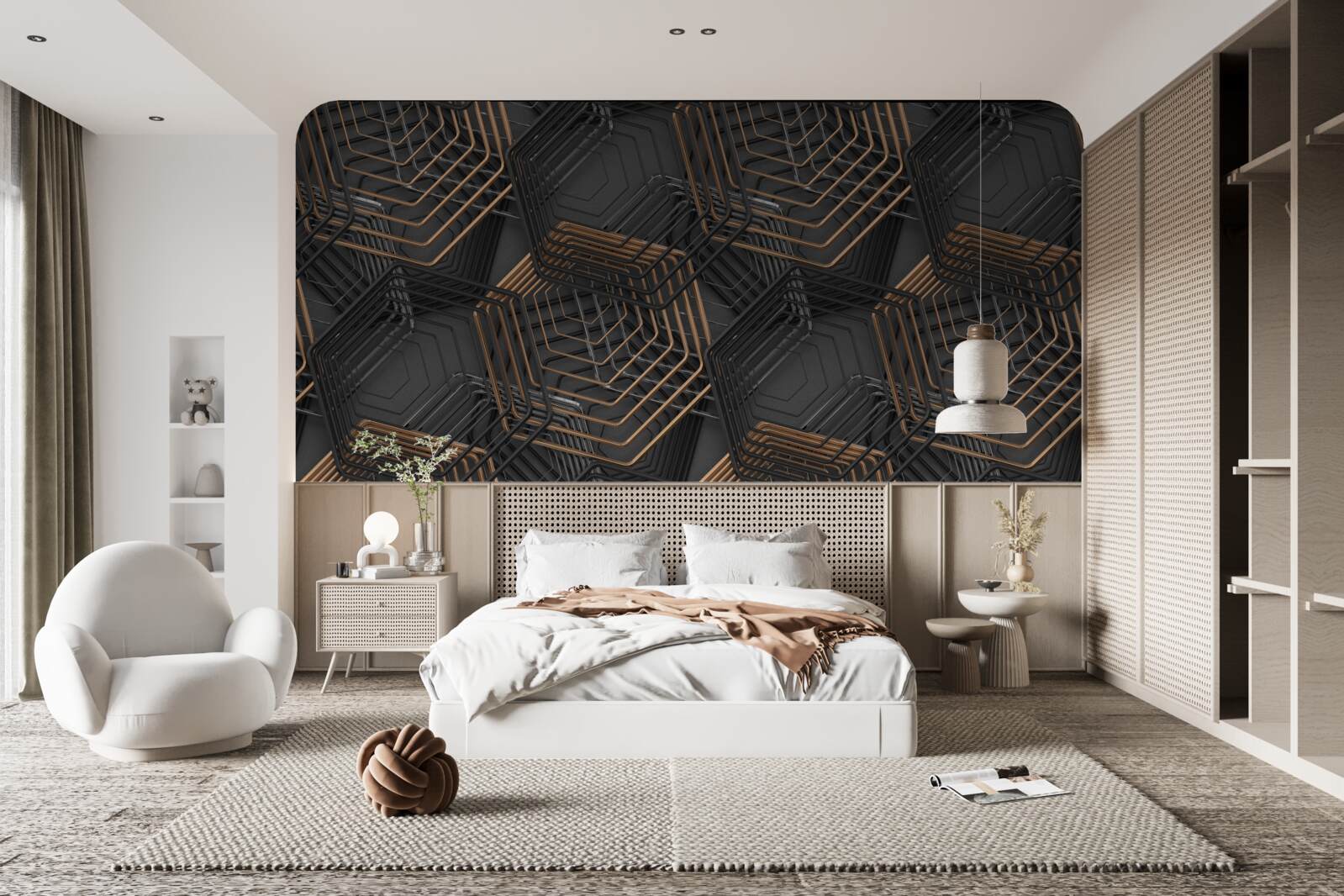Papier peint pentagones noirs et bruns avec structure en grille