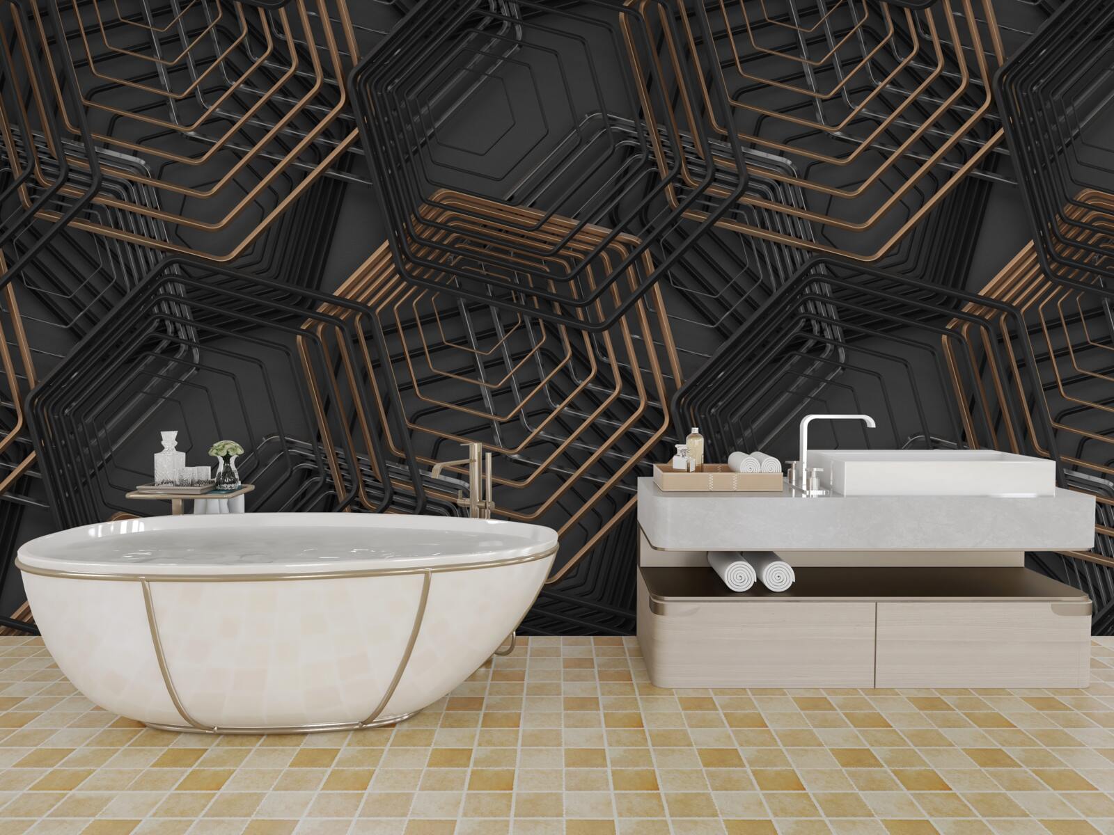 Papier peint pentagones noirs et bruns avec structure en grille