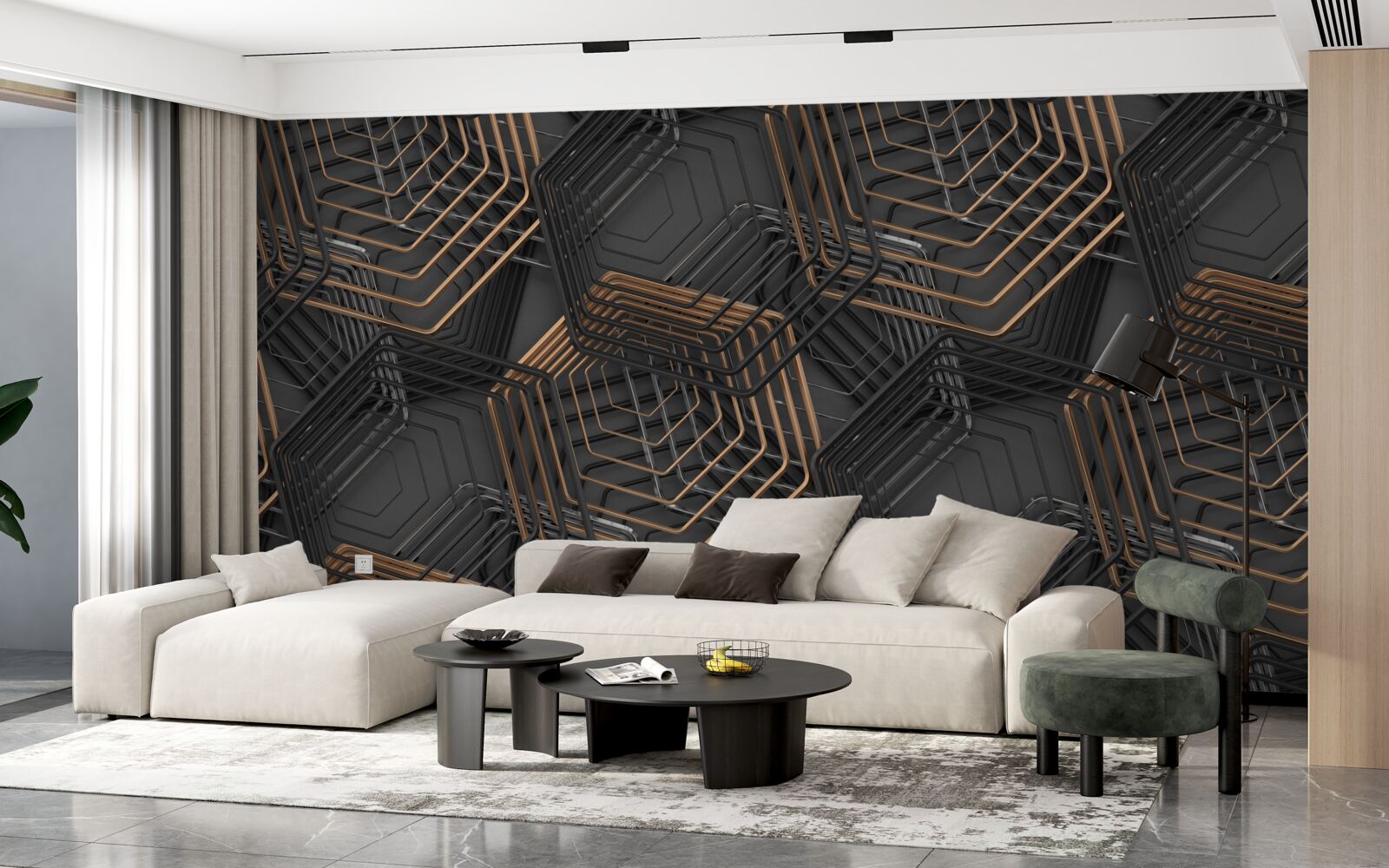 Papier peint pentagones noirs et bruns avec structure en grille