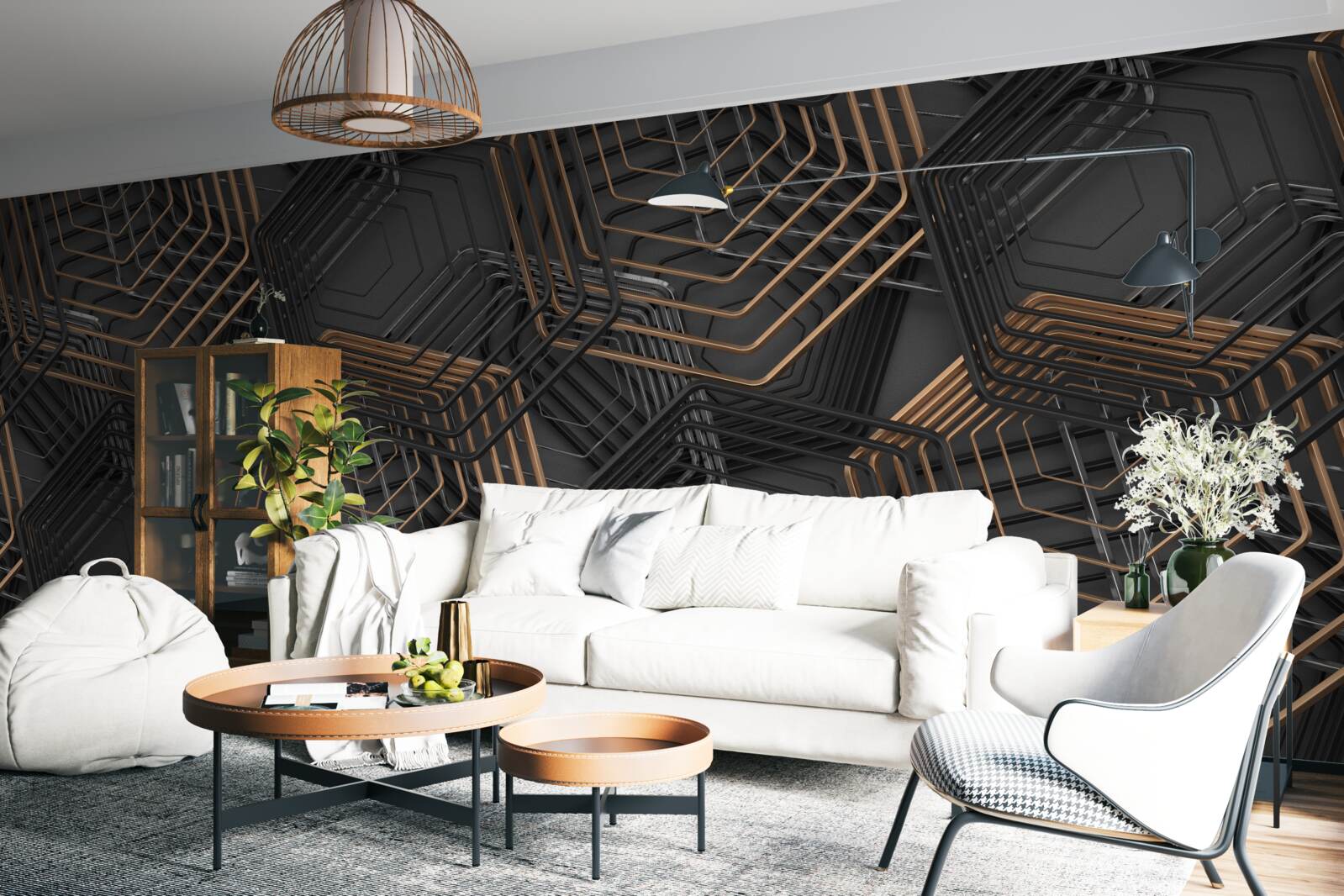 Papier peint pentagones noirs et bruns avec structure en grille