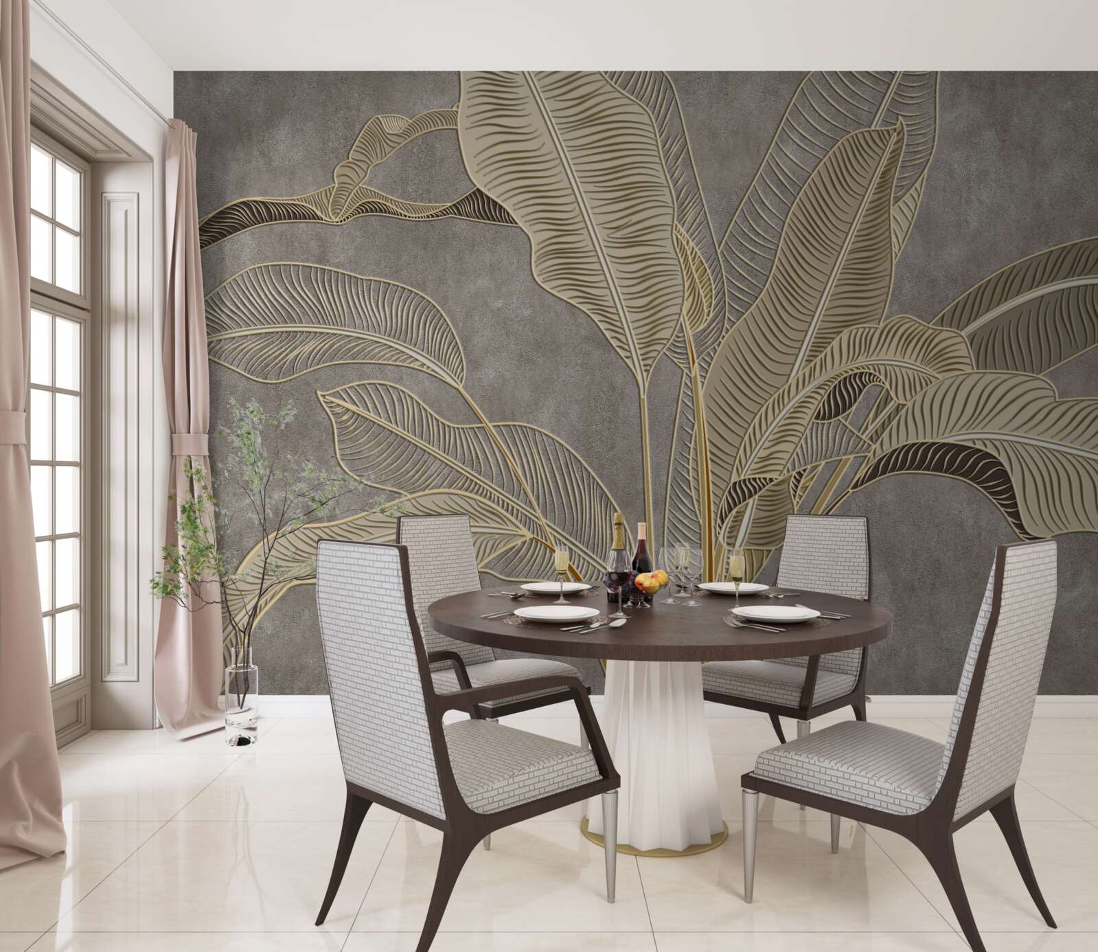 Papier peint feuilles brunes sur fond gris