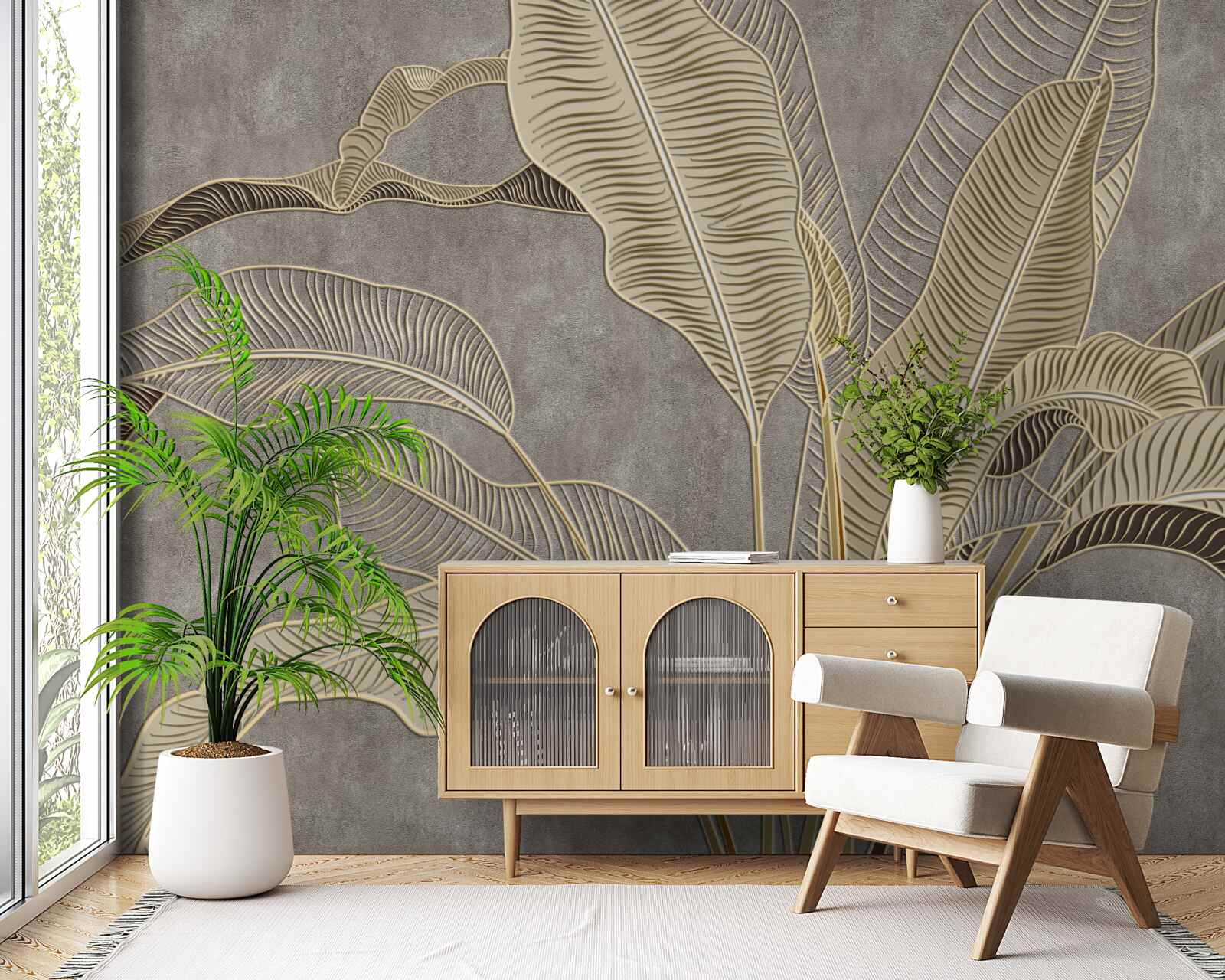 Papier peint feuilles brunes sur fond gris