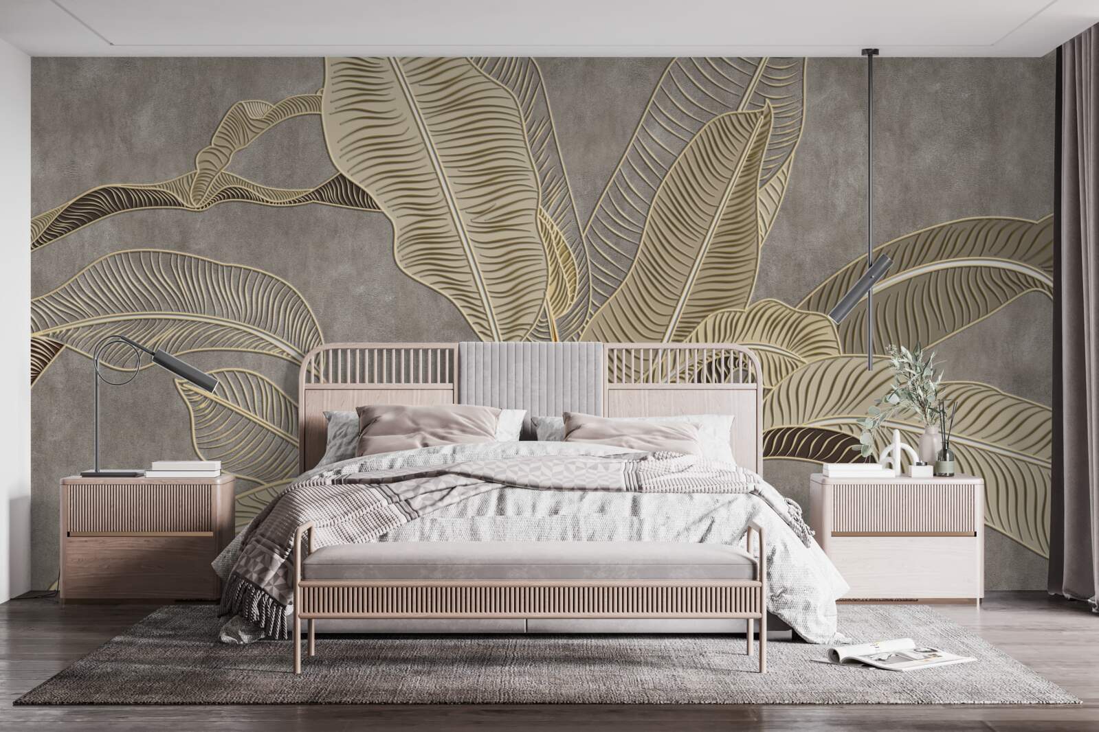 Papier peint feuilles brunes sur fond gris