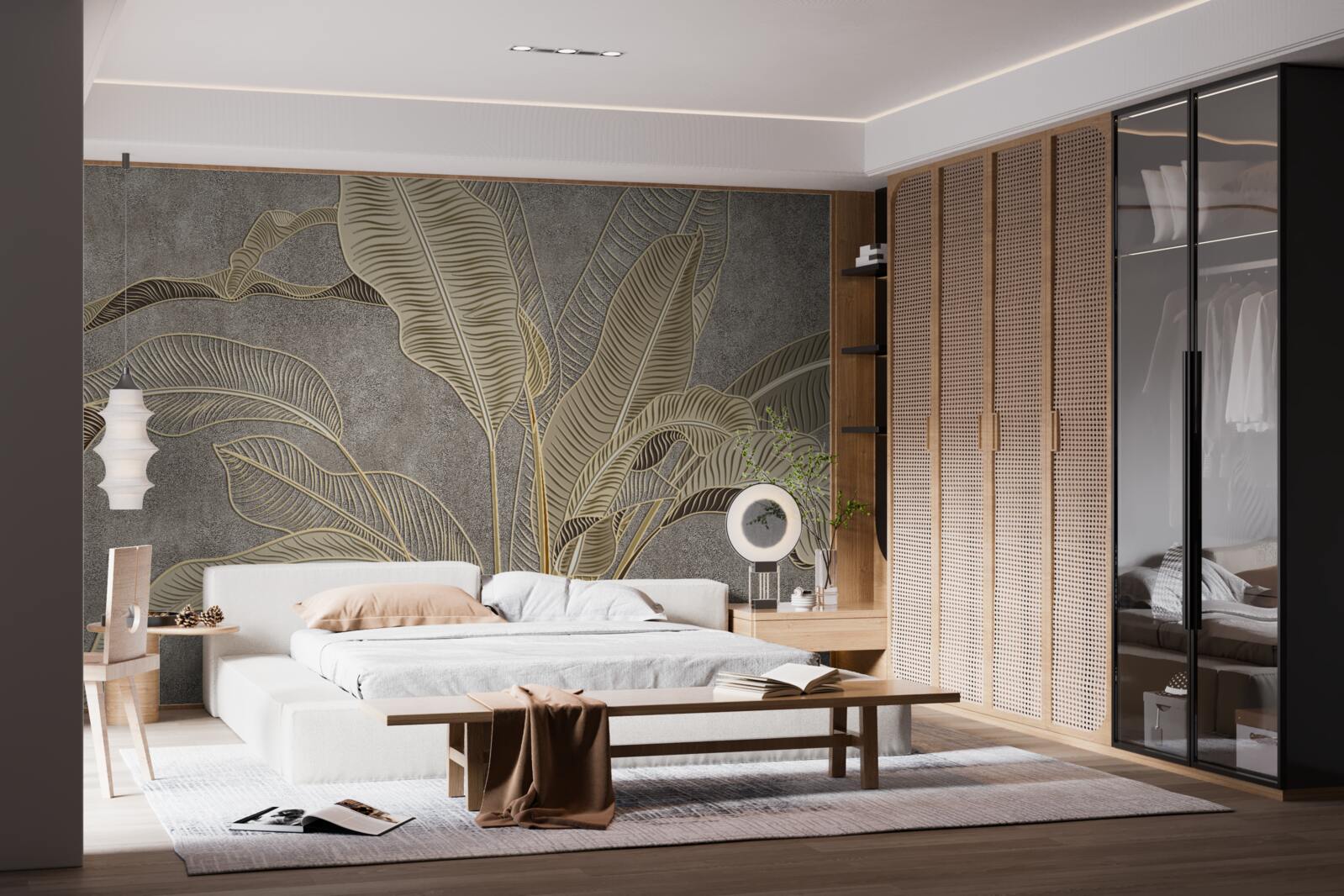 Papier peint feuilles brunes sur fond gris