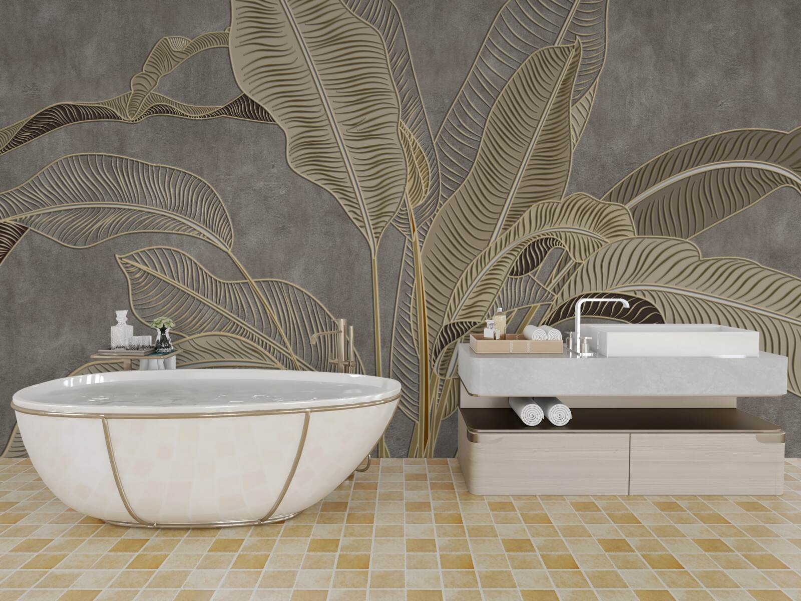 Papier peint feuilles brunes sur fond gris