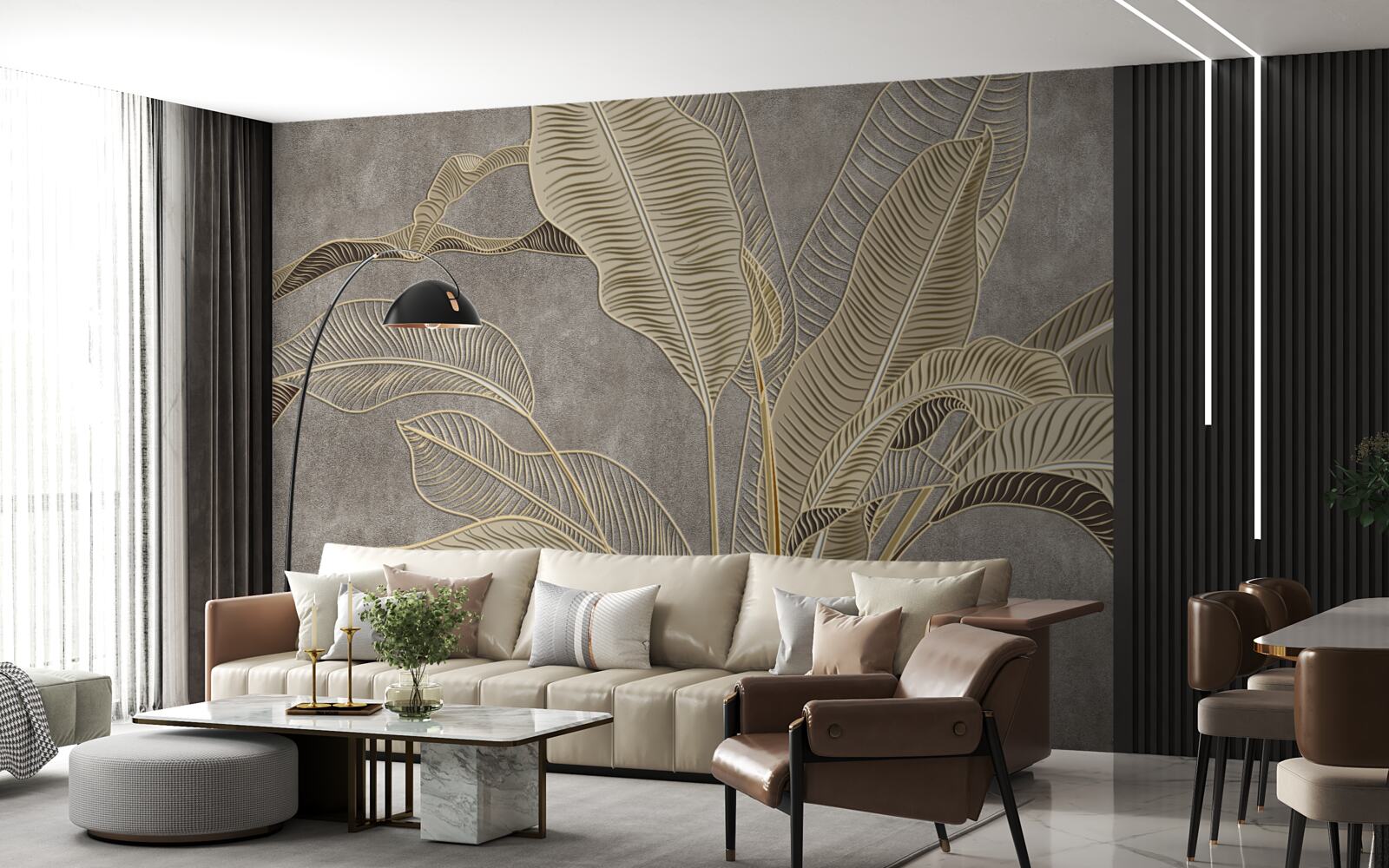 Papier peint feuilles brunes sur fond gris