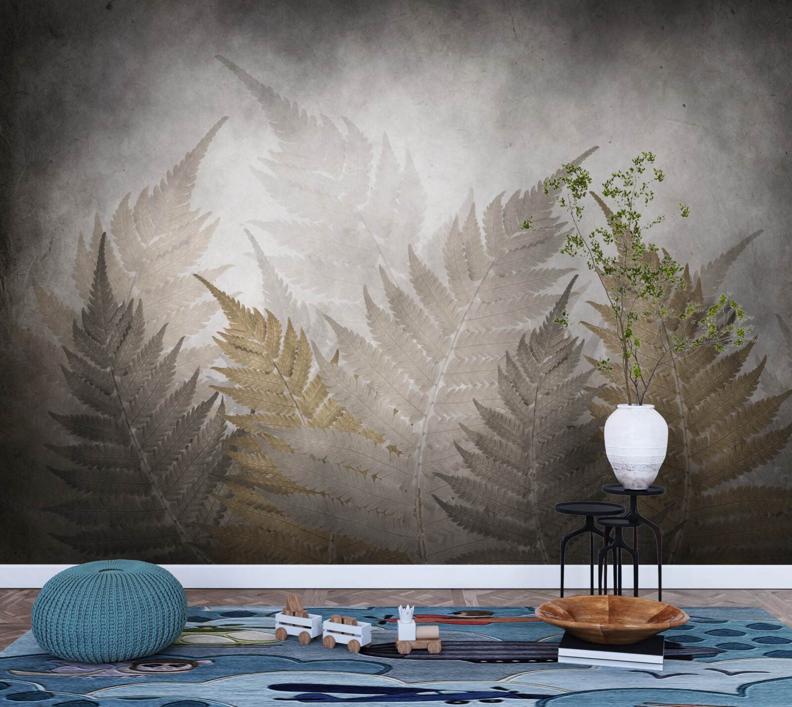 Papier peint feuilles de fougères enveloppées de brume dans la forêt