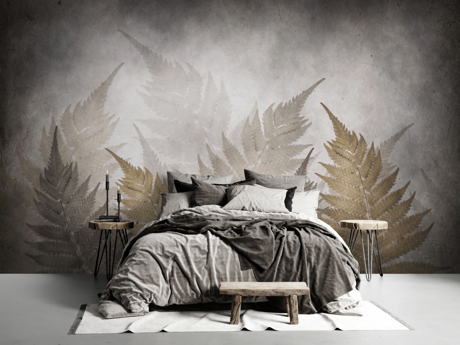 Papier peint feuilles de fougères enveloppées de brume dans la forêt