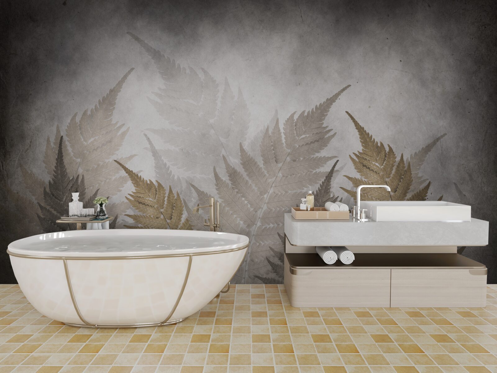 Papier peint feuilles de fougères enveloppées de brume dans la forêt