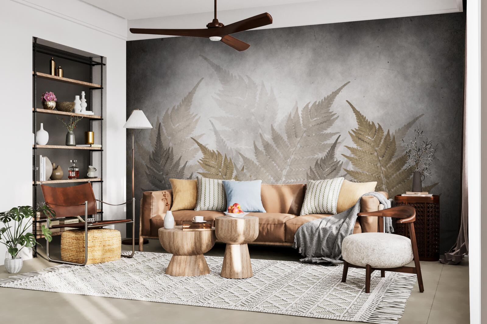 Papier peint feuilles de fougères enveloppées de brume dans la forêt