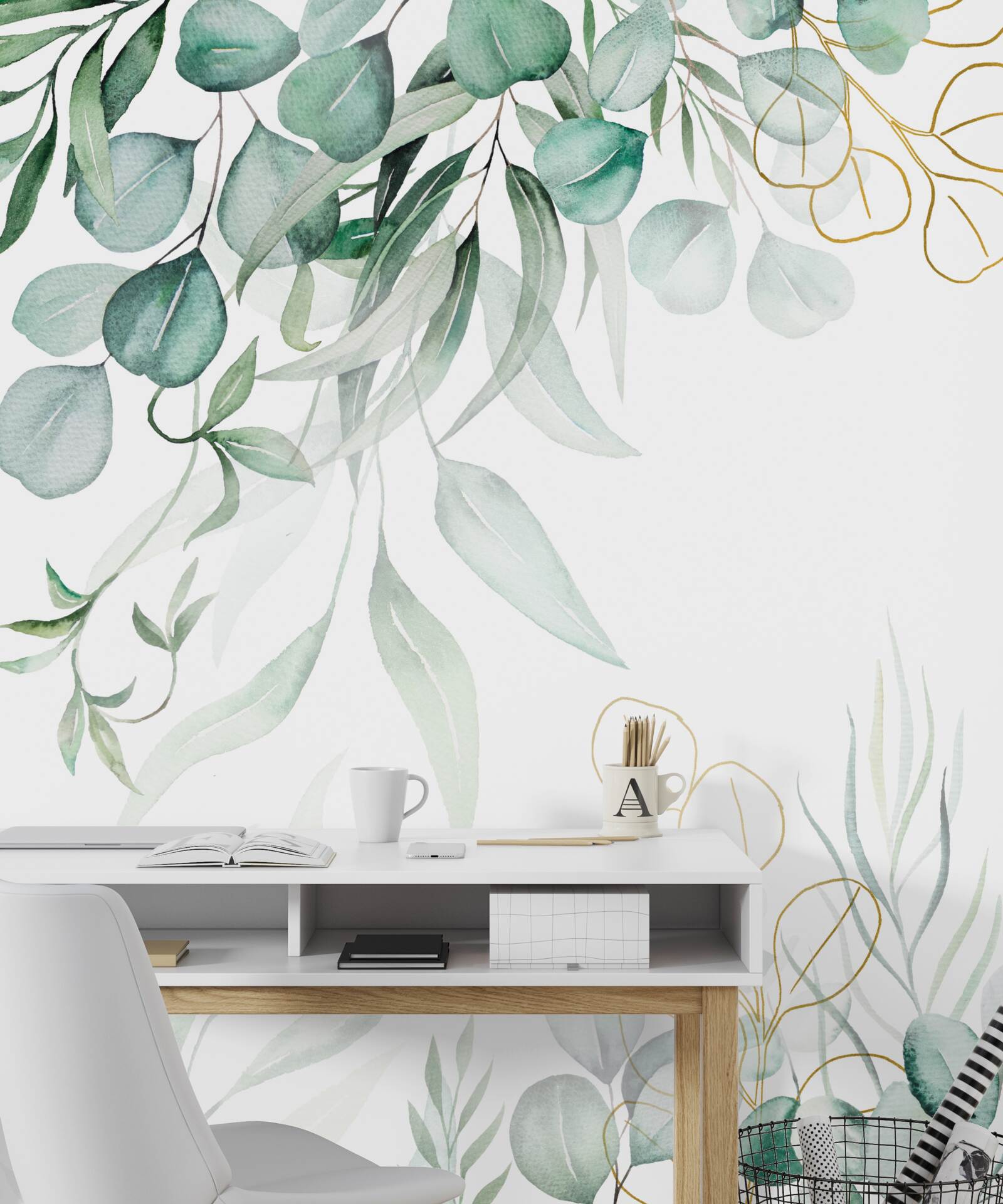 Papier peint Les feuilles d'eucalyptus sont vertes et jaunes.